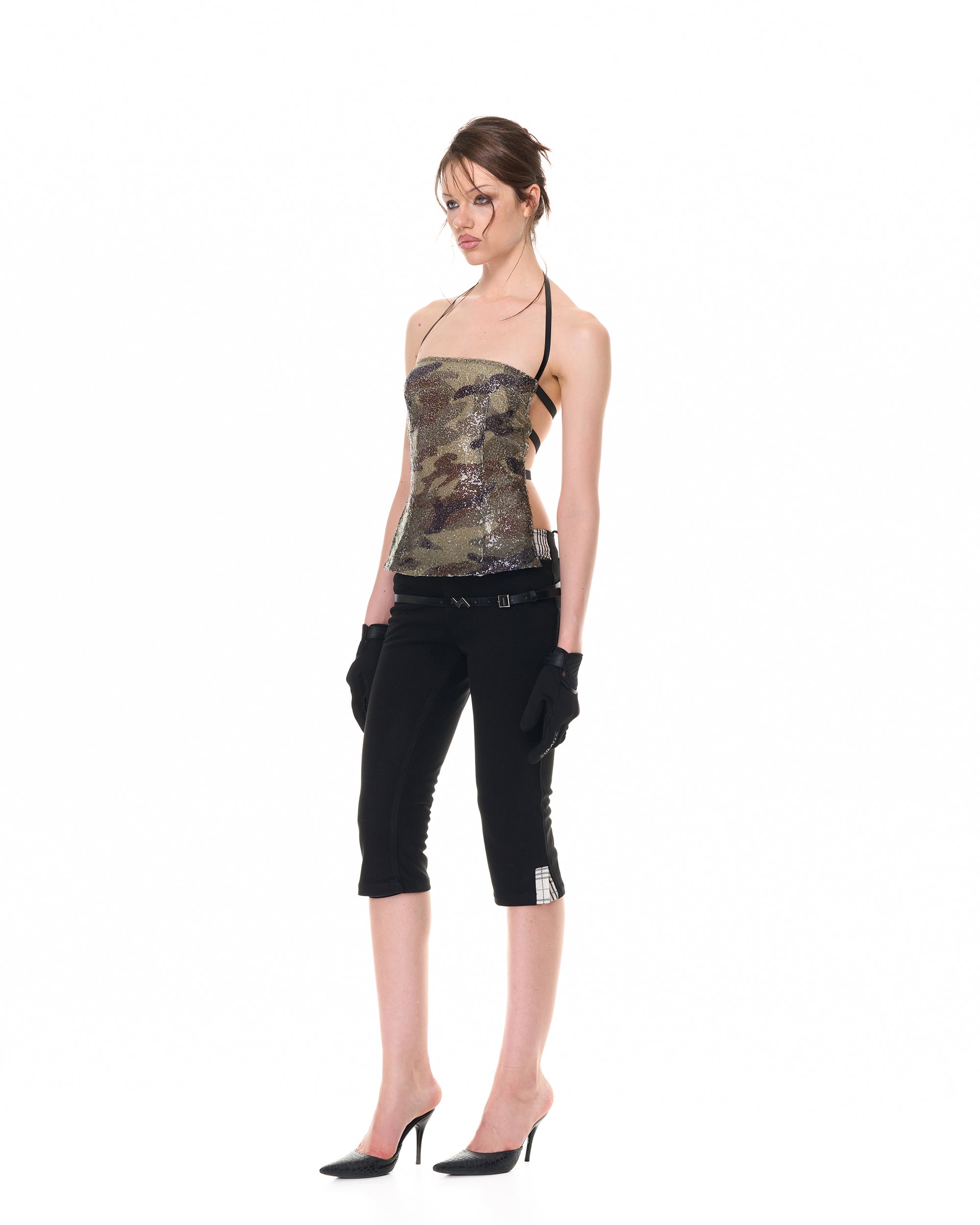 NEVER OFFEND L ANGEL Glitter Camo Strappy Open-Back Halter Top