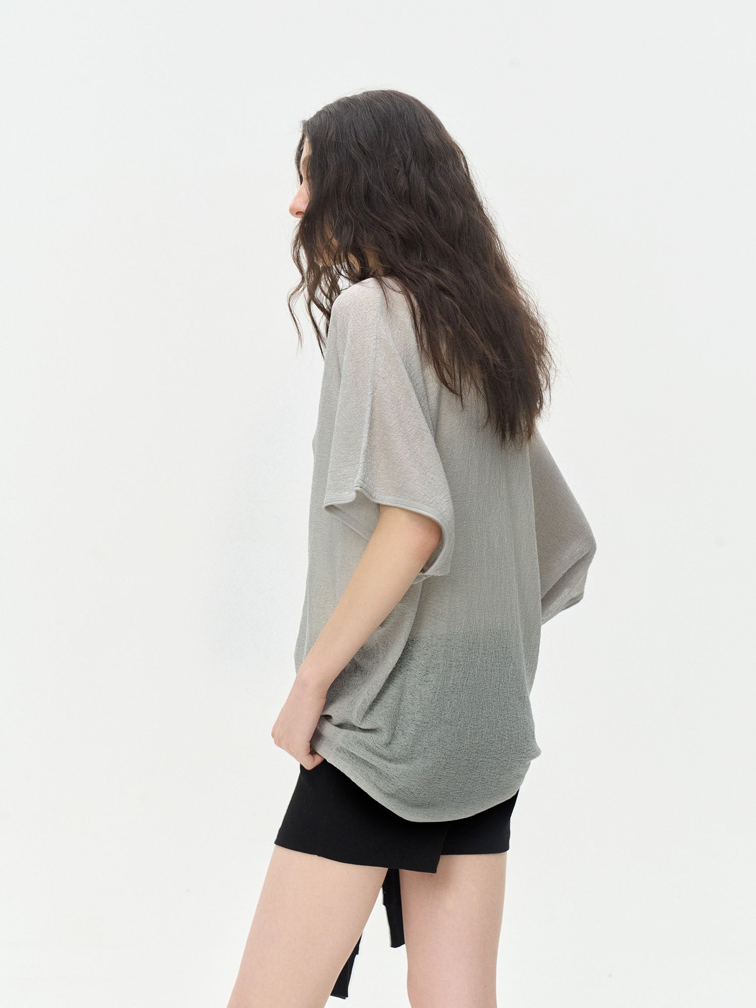 LEONSENSE Sheer Draped Batwing Knit Top