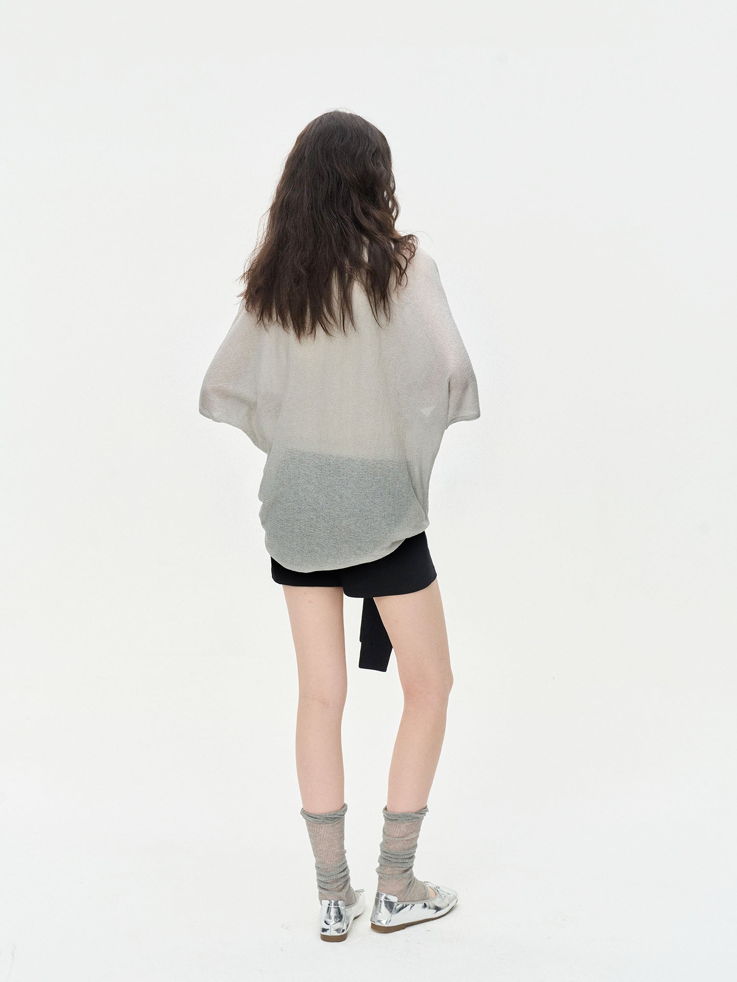 LEONSENSE Sheer Draped Batwing Knit Top