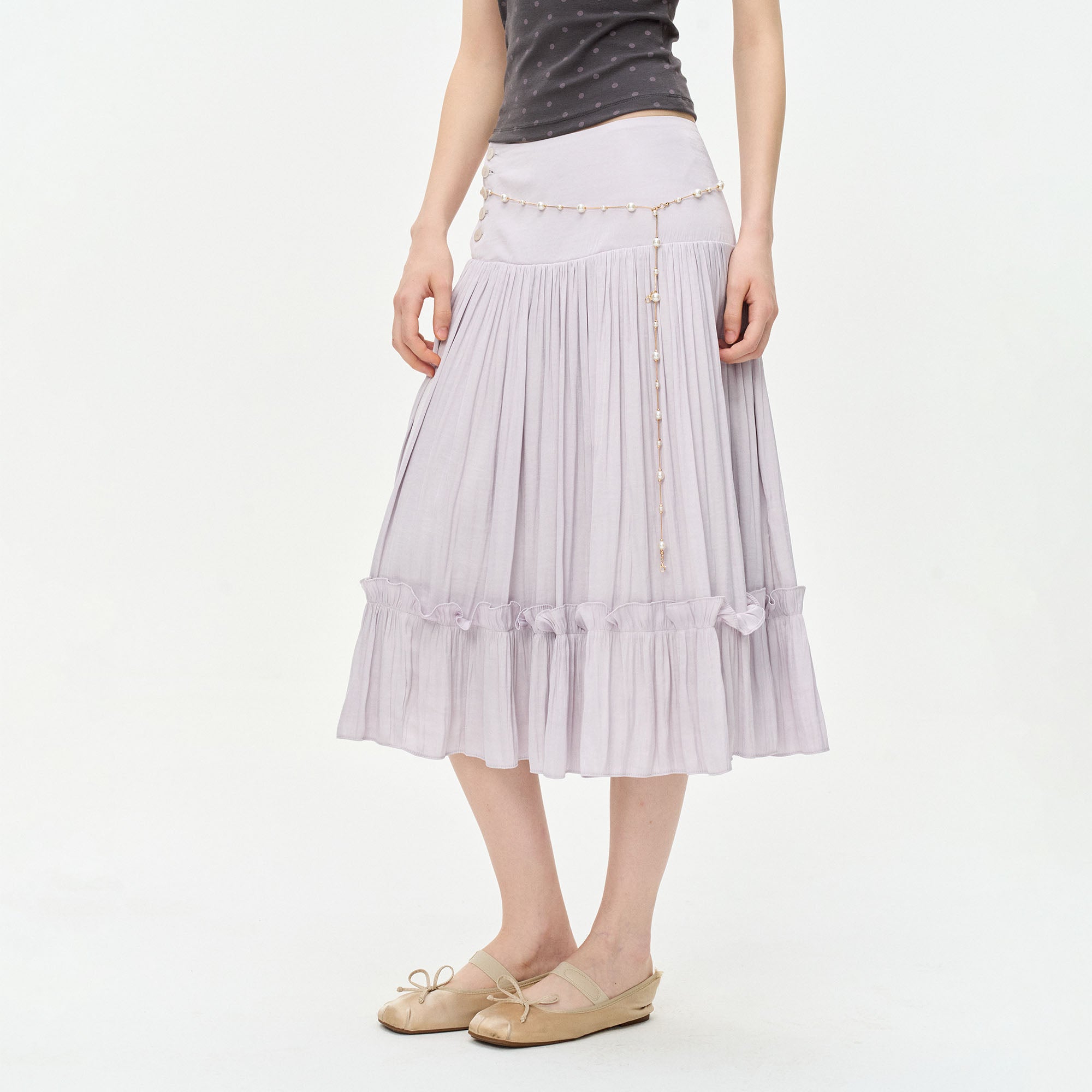 LEONSENSE Ruffle-Hem Pleated Midi Skirt