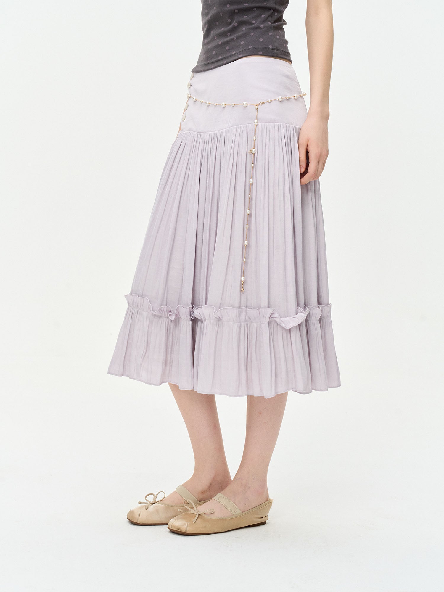 LEONSENSE Ruffle-Hem Pleated Midi Skirt