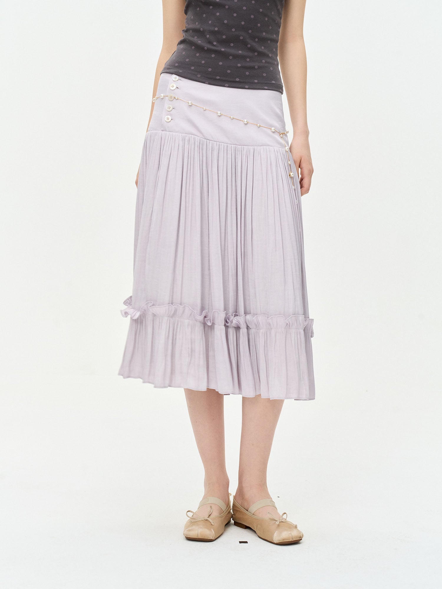 LEONSENSE Ruffle-Hem Pleated Midi Skirt