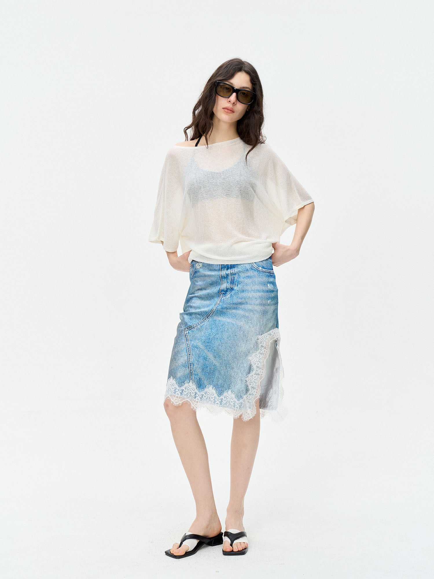 LEONSENSE Sheer Draped Batwing Knit Top