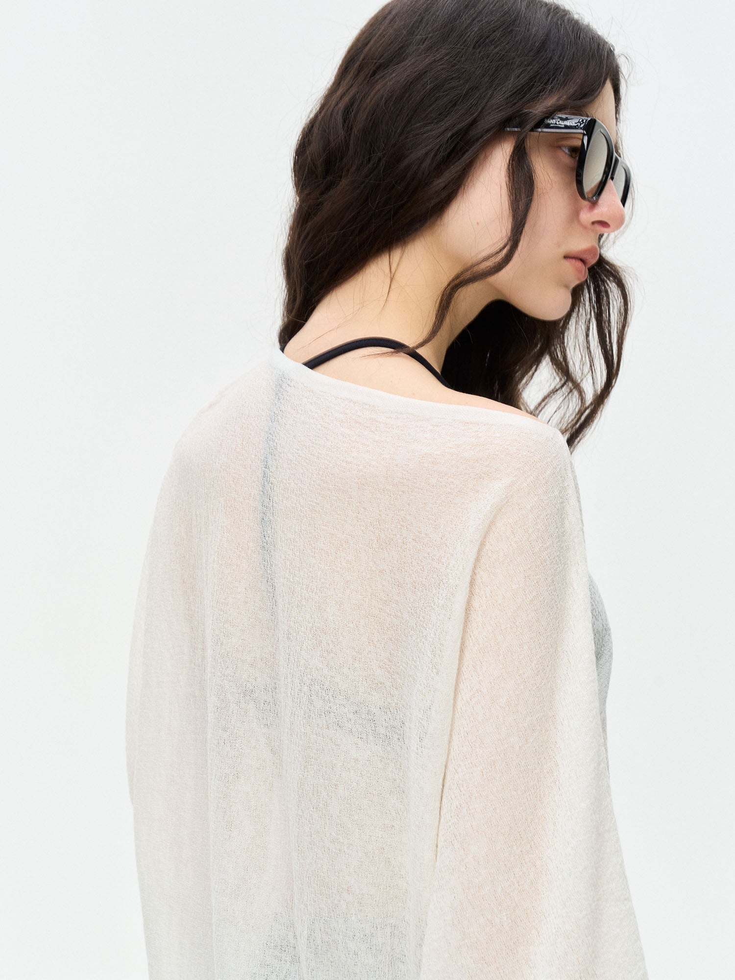 LEONSENSE Sheer Draped Batwing Knit Top