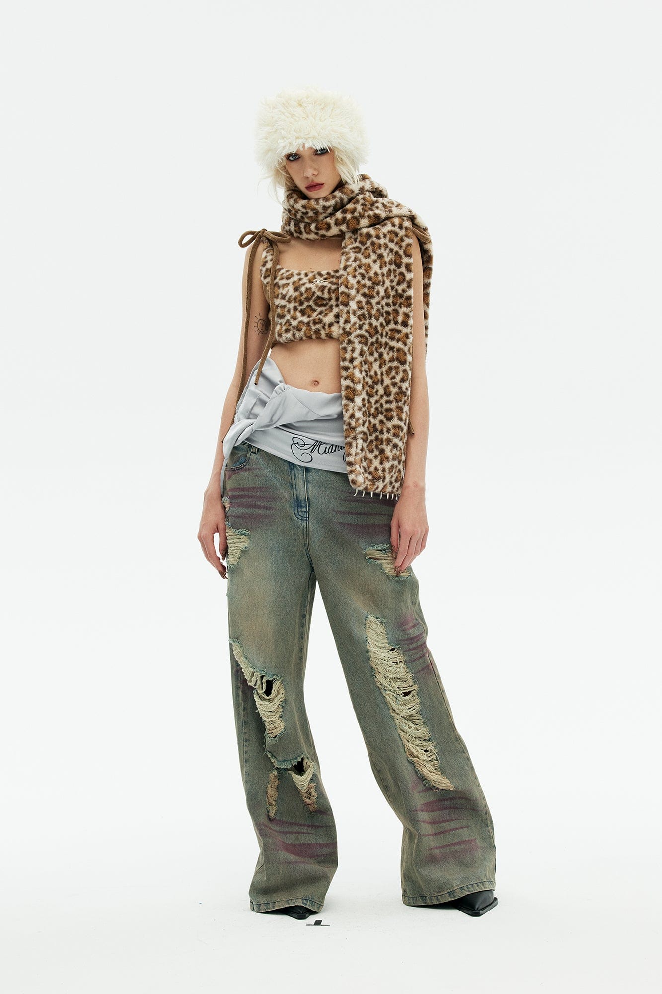 EMOHA Fuzzy Leopard Tie-Up Crop Top