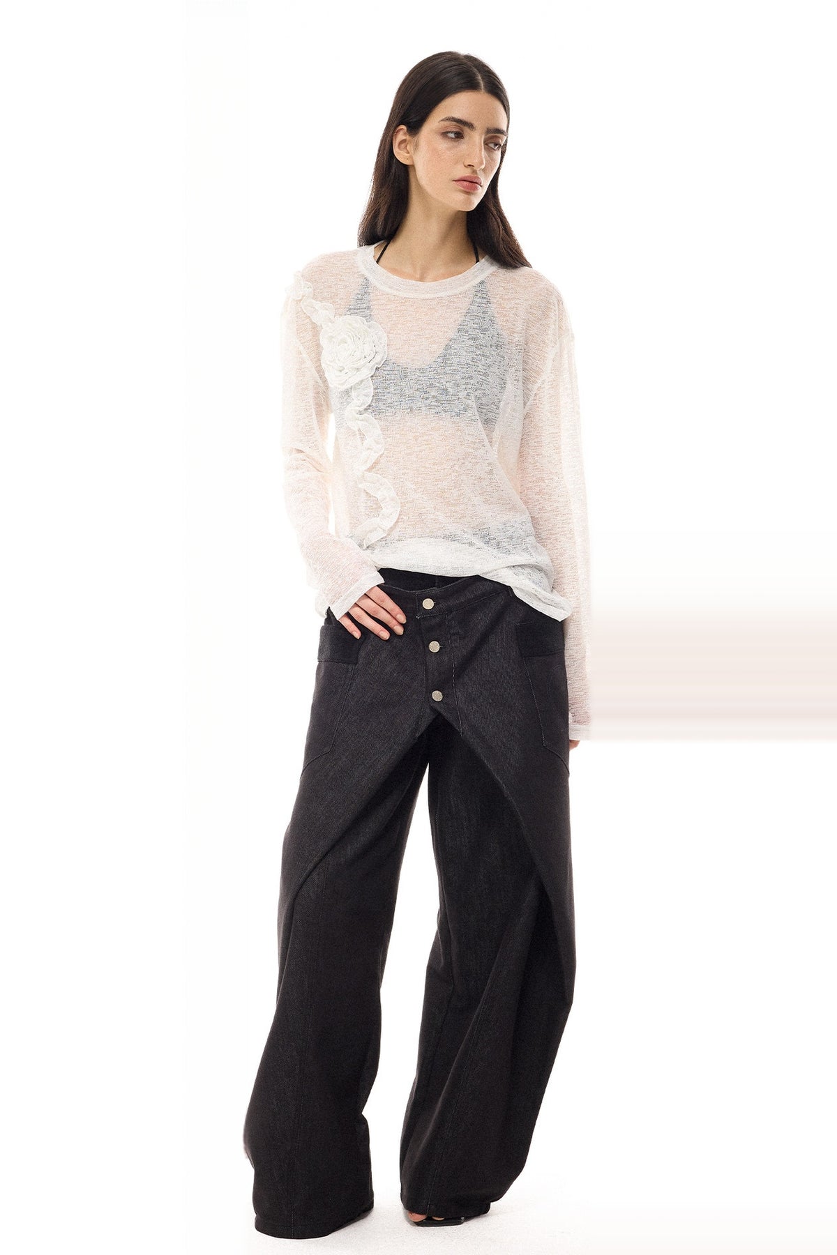 COSTUSTOOT Deconstructed Faux Two-Piece Curved Wide-Leg Black Jeans — full body