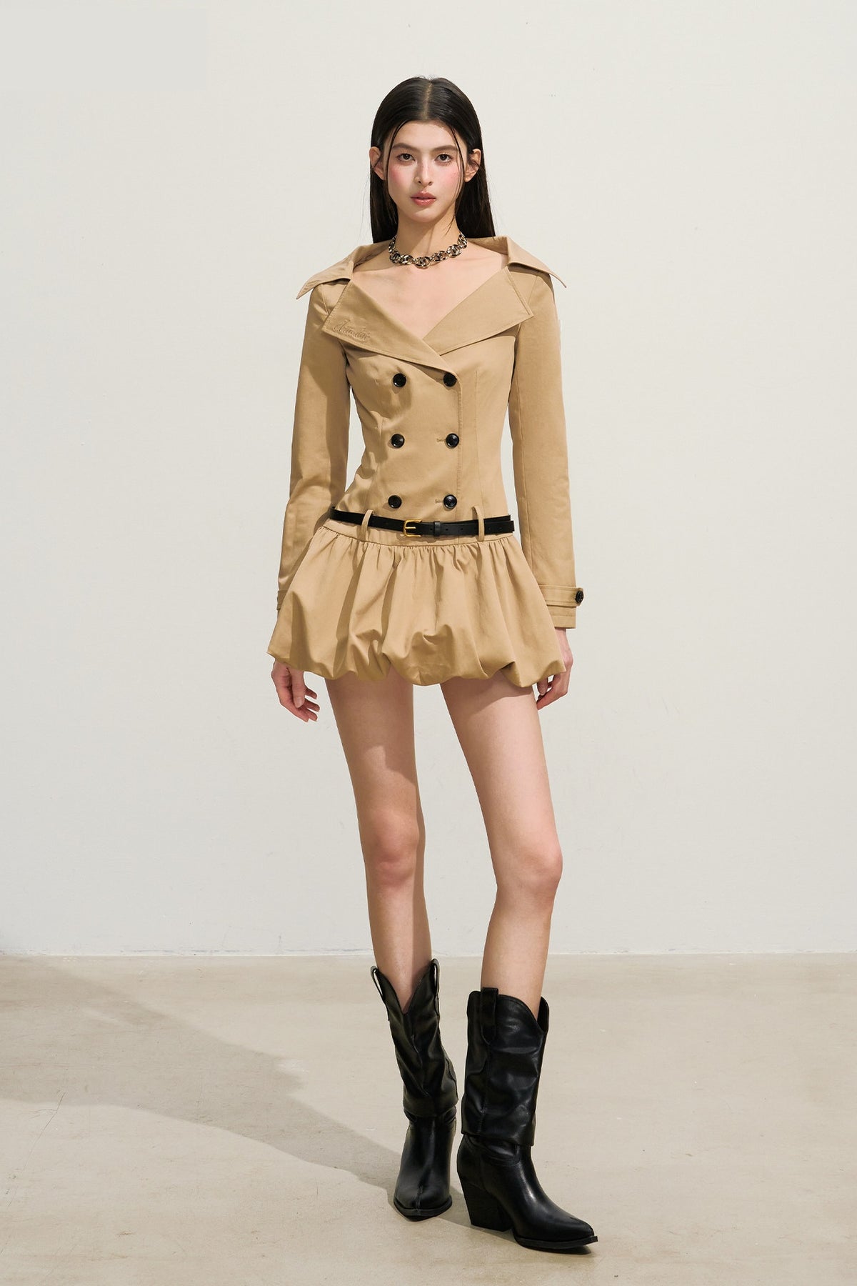 HIIMDAI Retro Double-Breasted Lapel Puff-Skirt Cinched Waist Dress — full body