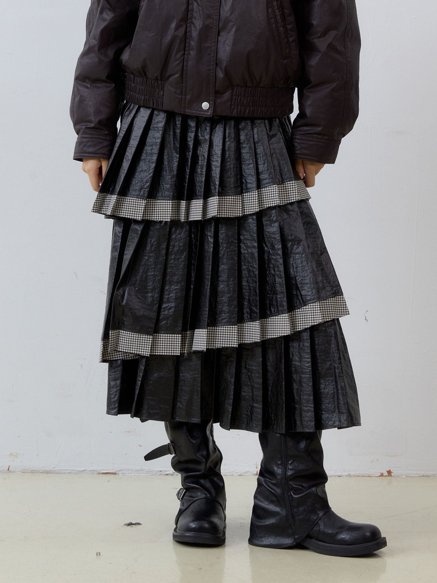 NOESE Faux Leather Pleated Layered Cake Skirt