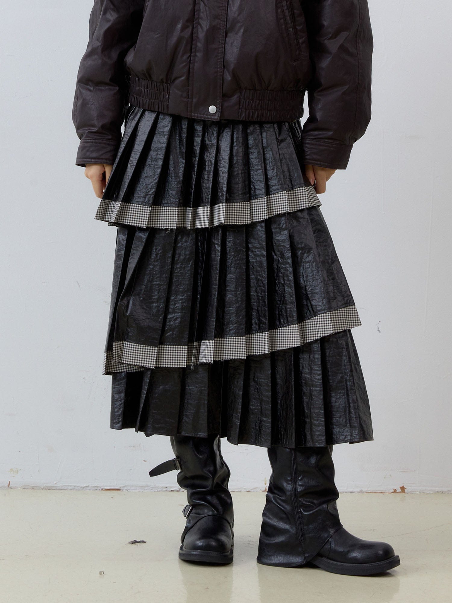 NOESE Faux Leather Pleated Layered Cake Skirt