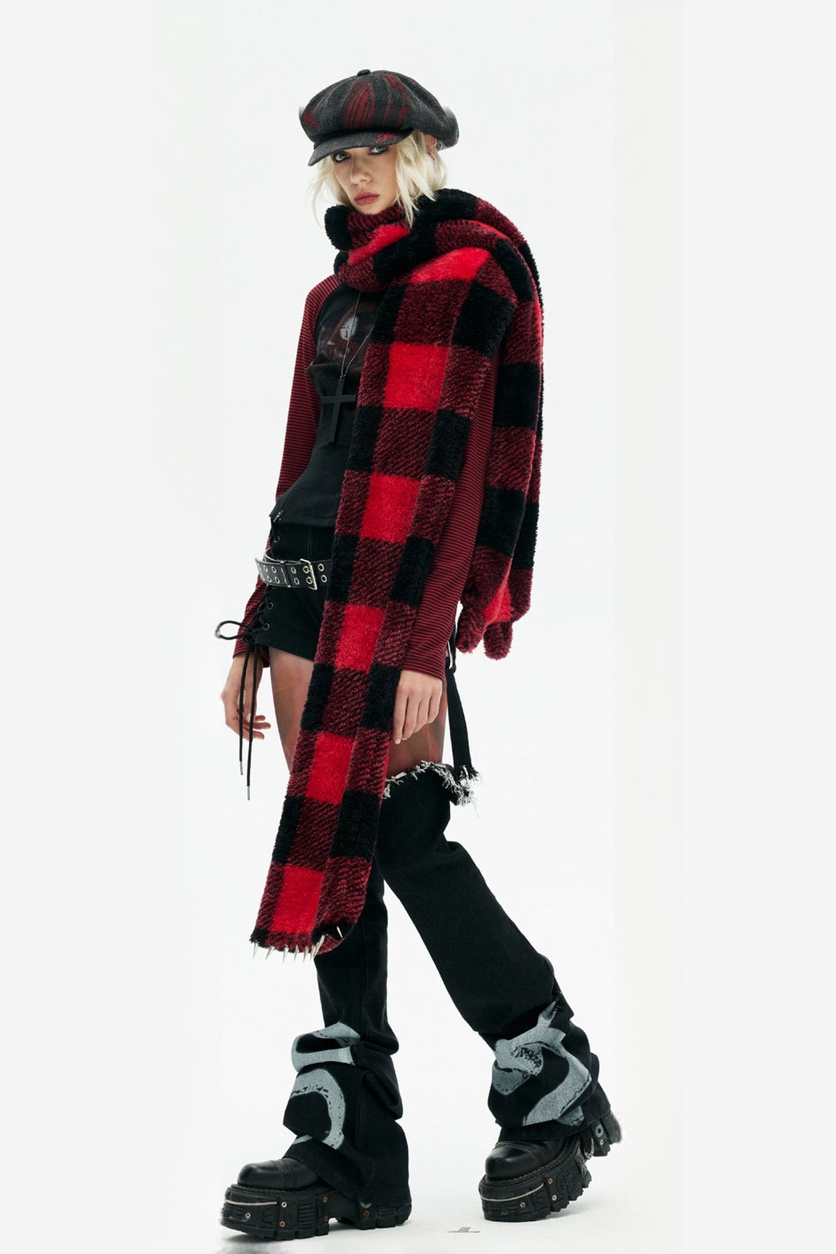 EMOHA Cat Ear Plaid Newsboy Cap — full body