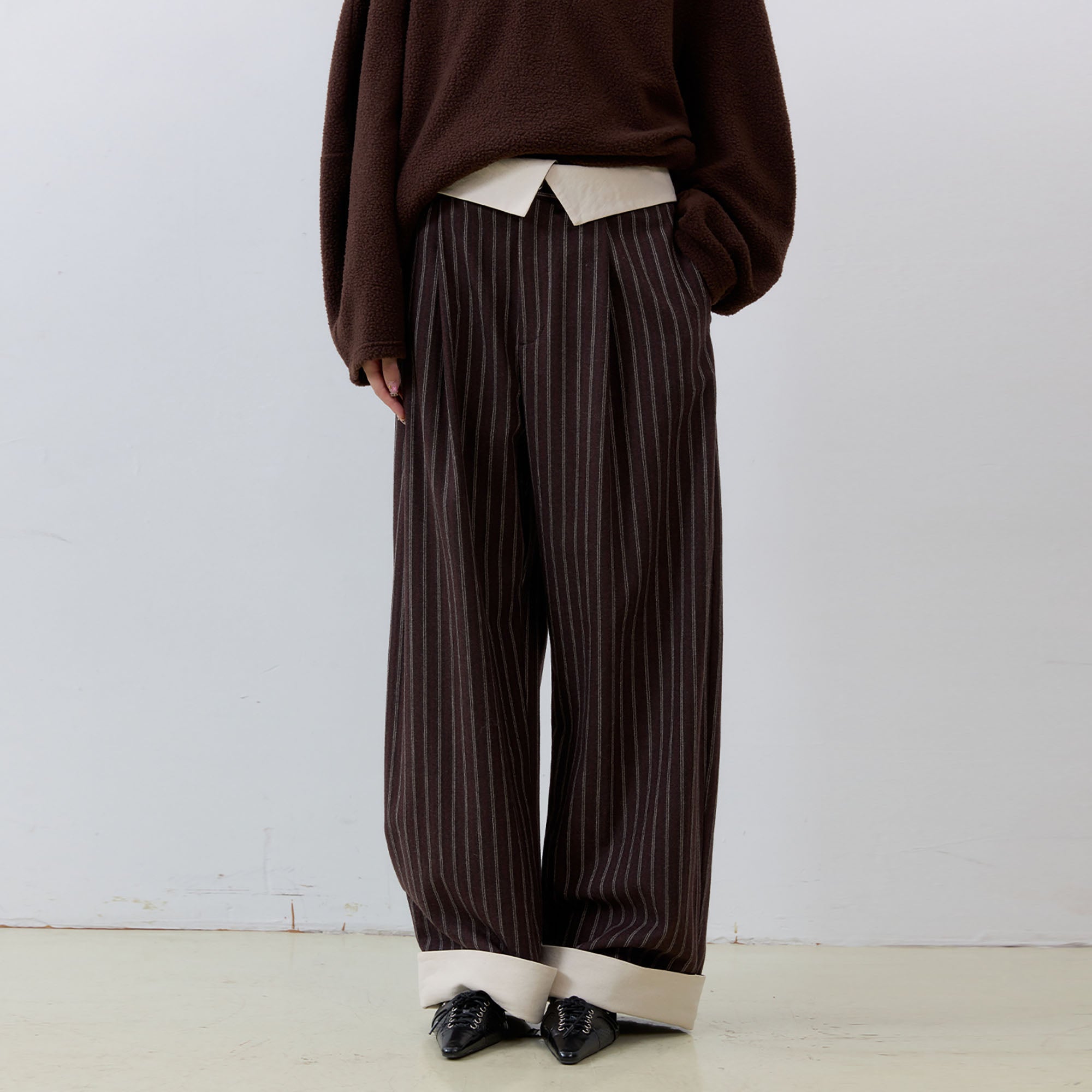 NOESE Foldover Waist Pinstripe Wool-Blend Wide-Leg Trousers