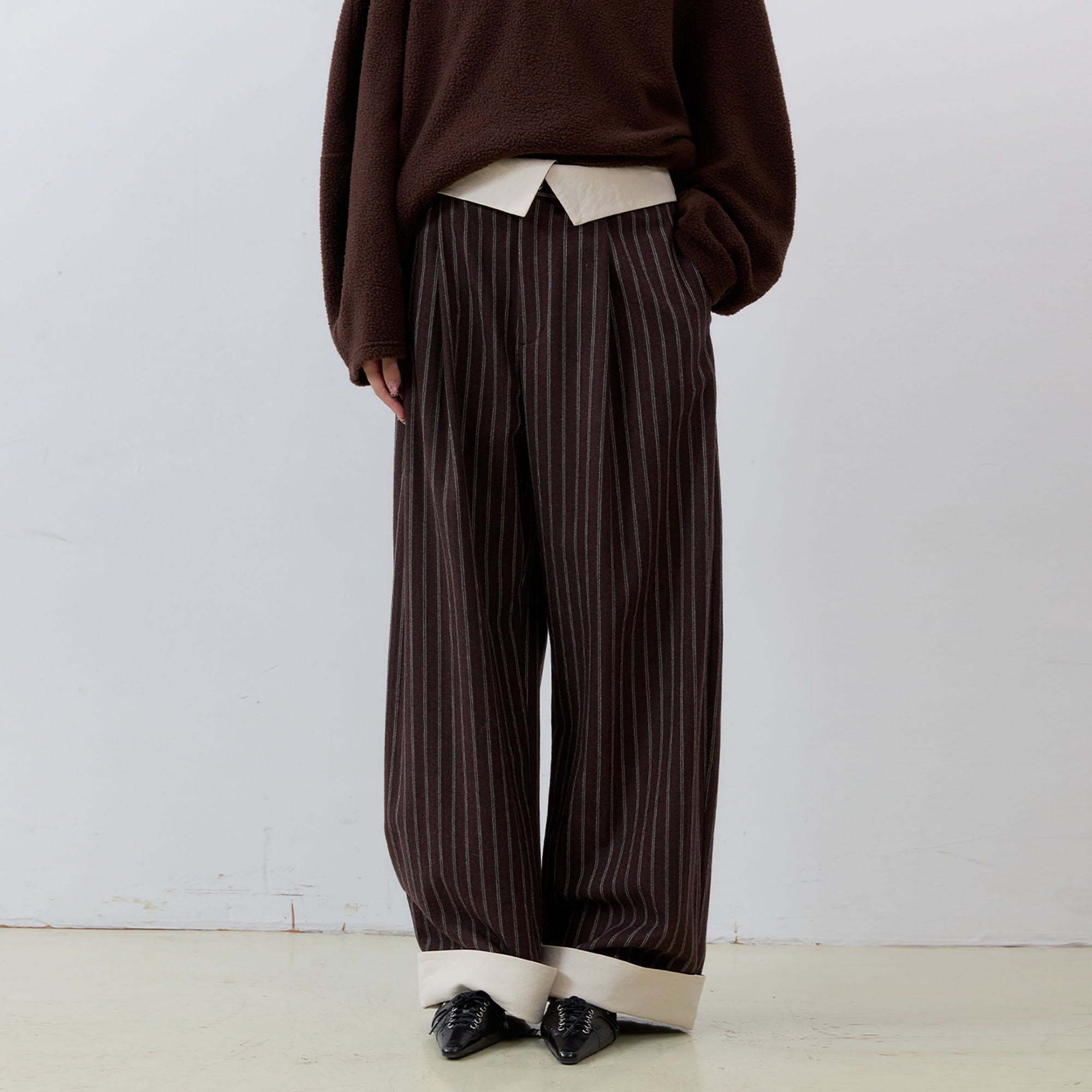 NOESE Foldover Waist Pinstripe Wool-Blend Wide-Leg Trousers