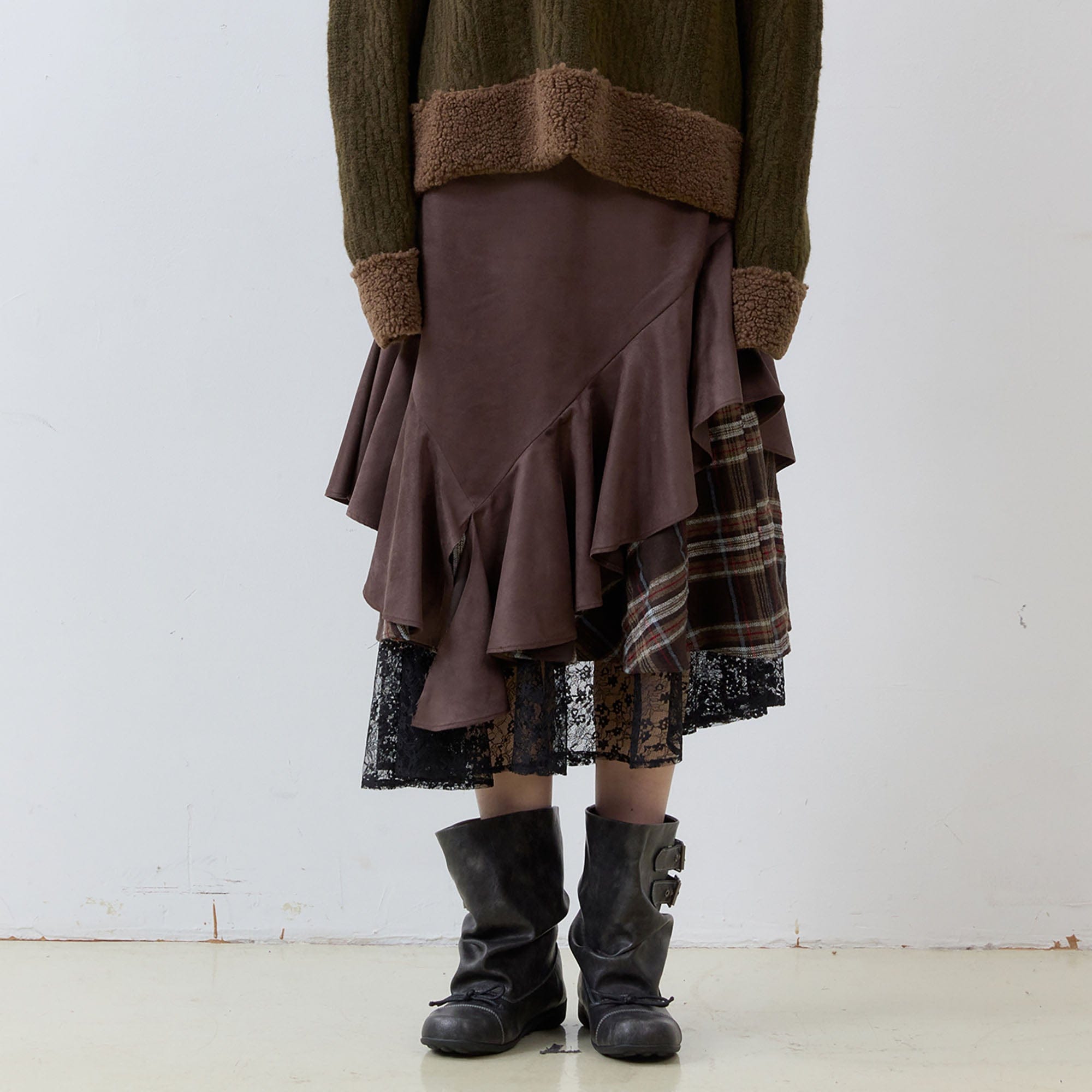 NOESE Asymmetrical Spliced Plaid-Lace Layered Ruffle Skirt