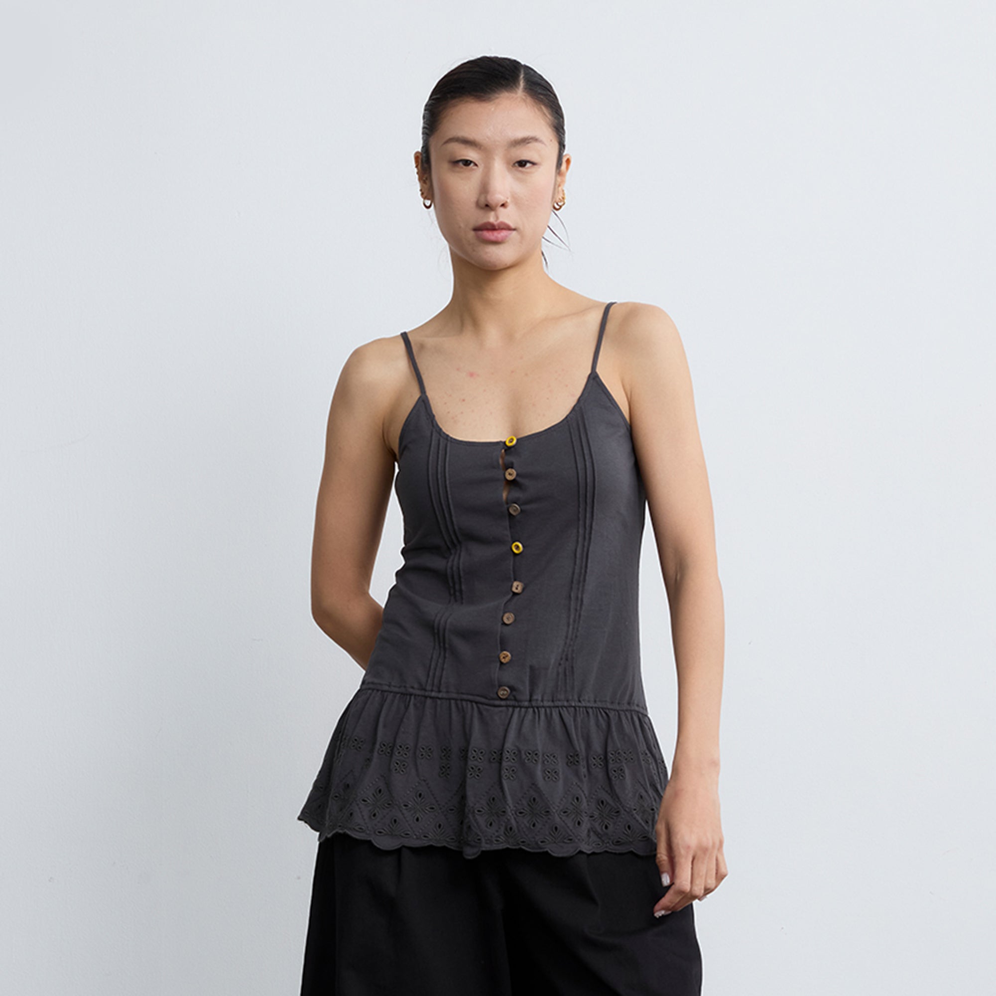 NOESE Button Eyelet Peplum Cami Top