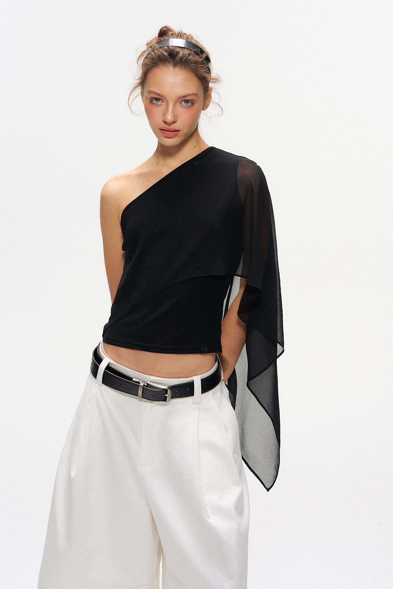 10AMSOTIIIIIIRED Asymmetrical Draped Cape-Sleeve Top