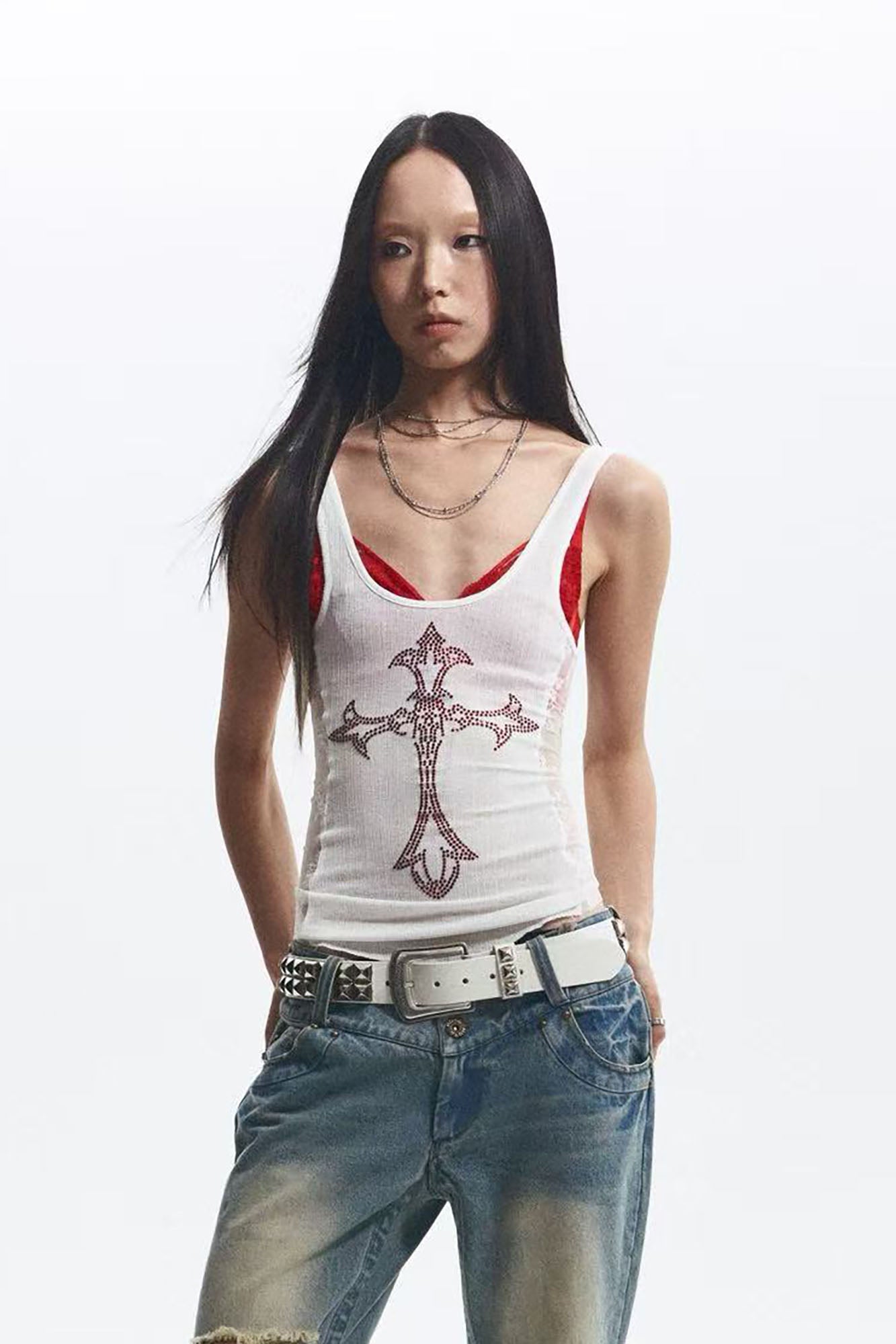 NONAME SPACE Diamond Cross Lace Panel Tank Top