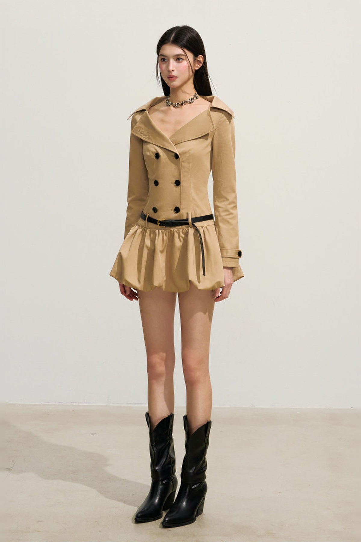 HIIMDAI Retro Double-Breasted Lapel Puff-Skirt Cinched Waist Dress — full body