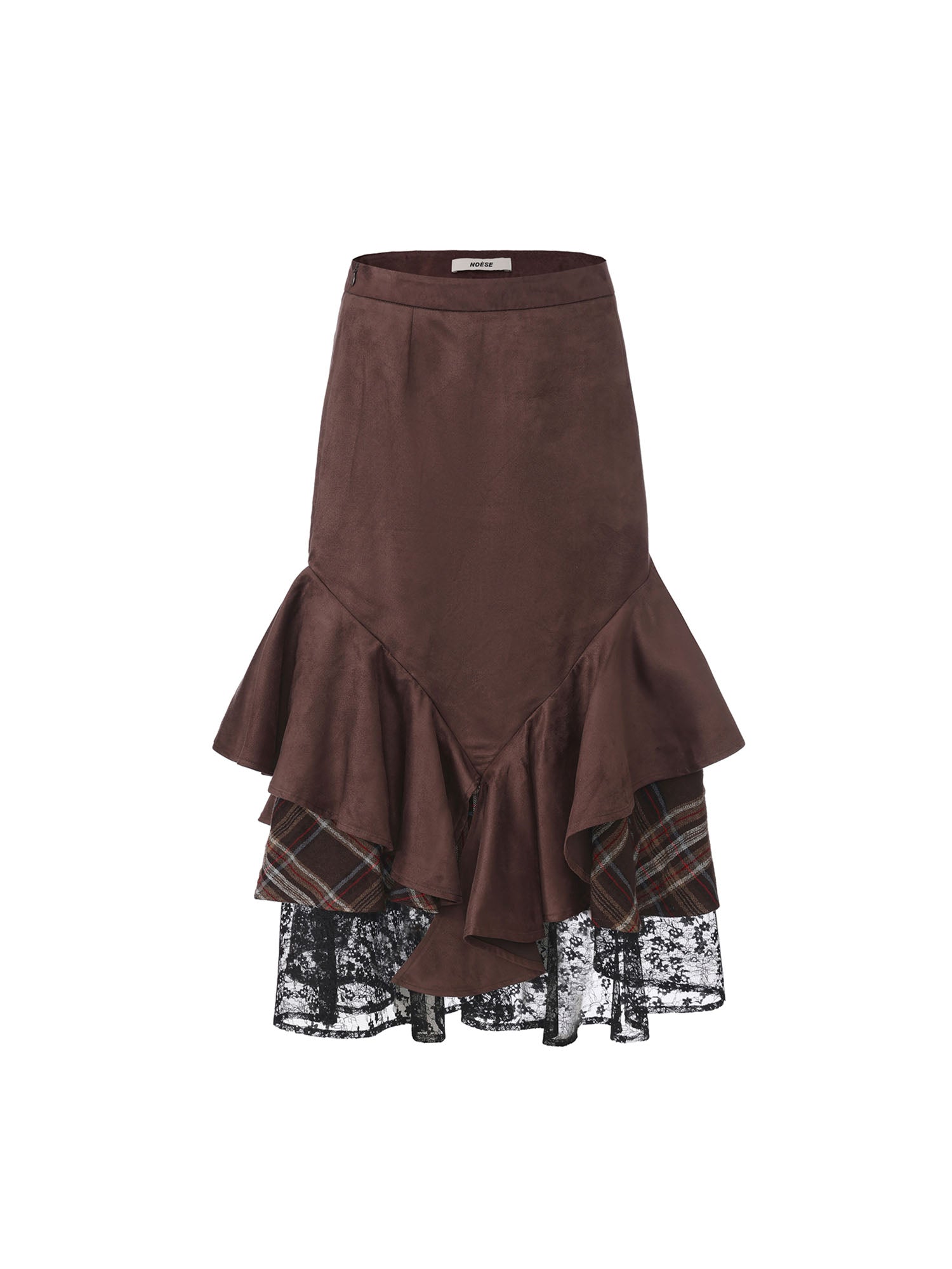 NOESE Asymmetrical Spliced Plaid-Lace Layered Ruffle Skirt