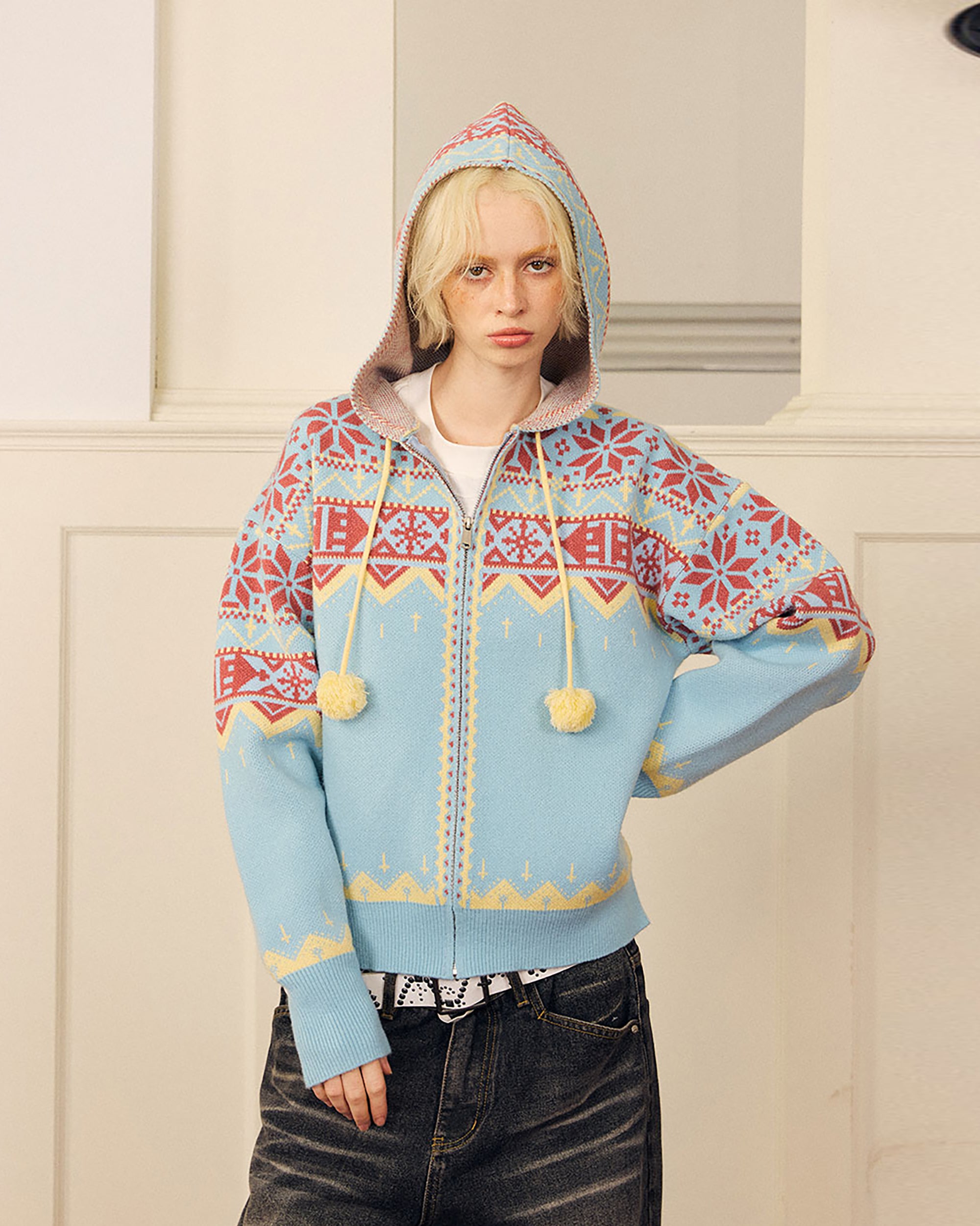 DONSMOKE Retro Fair Isle Pom Zip-Up Hoodie