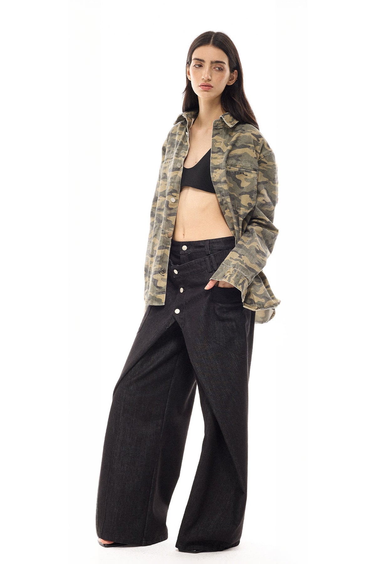COSTUSTOOT Deconstructed Faux Two-Piece Curved Wide-Leg Black Jeans — full body