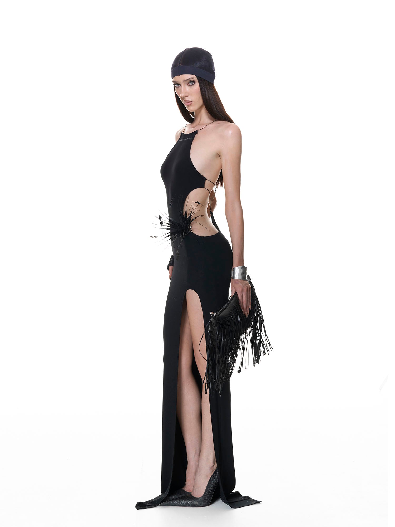 NEVER OFFEND L ANGEL Crossback Halter Slit Maxi Dress Black