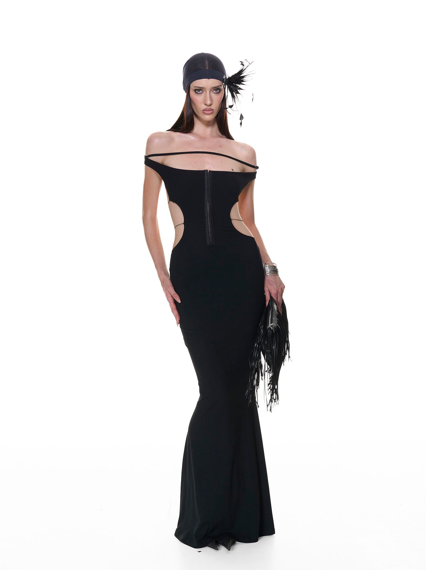 NEVER OFFEND L ANGEL Cross-Back Halter Bodycon Fishtail Dress Black