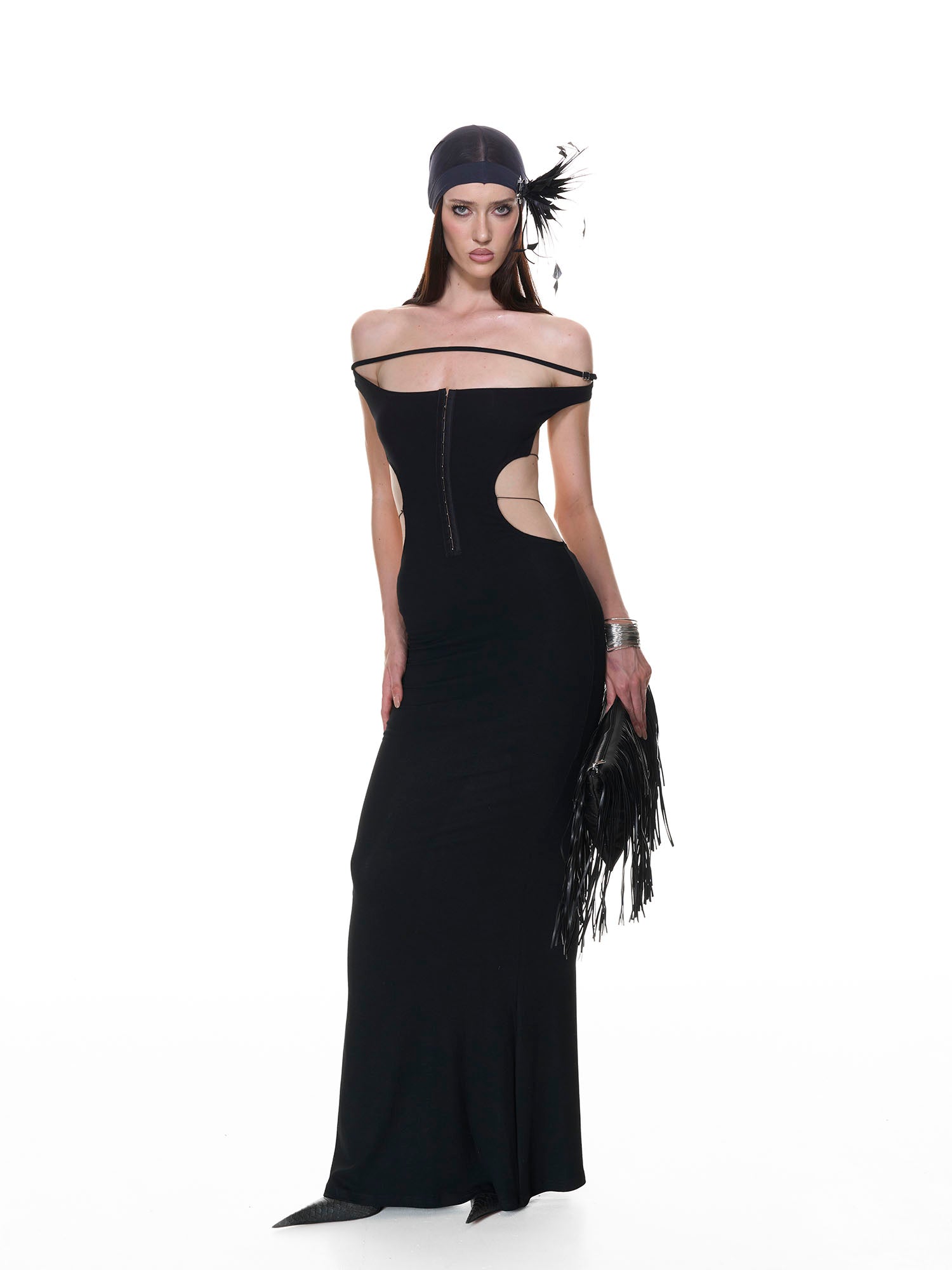 NEVER OFFEND L ANGEL Cross-Back Halter Bodycon Fishtail Dress Black