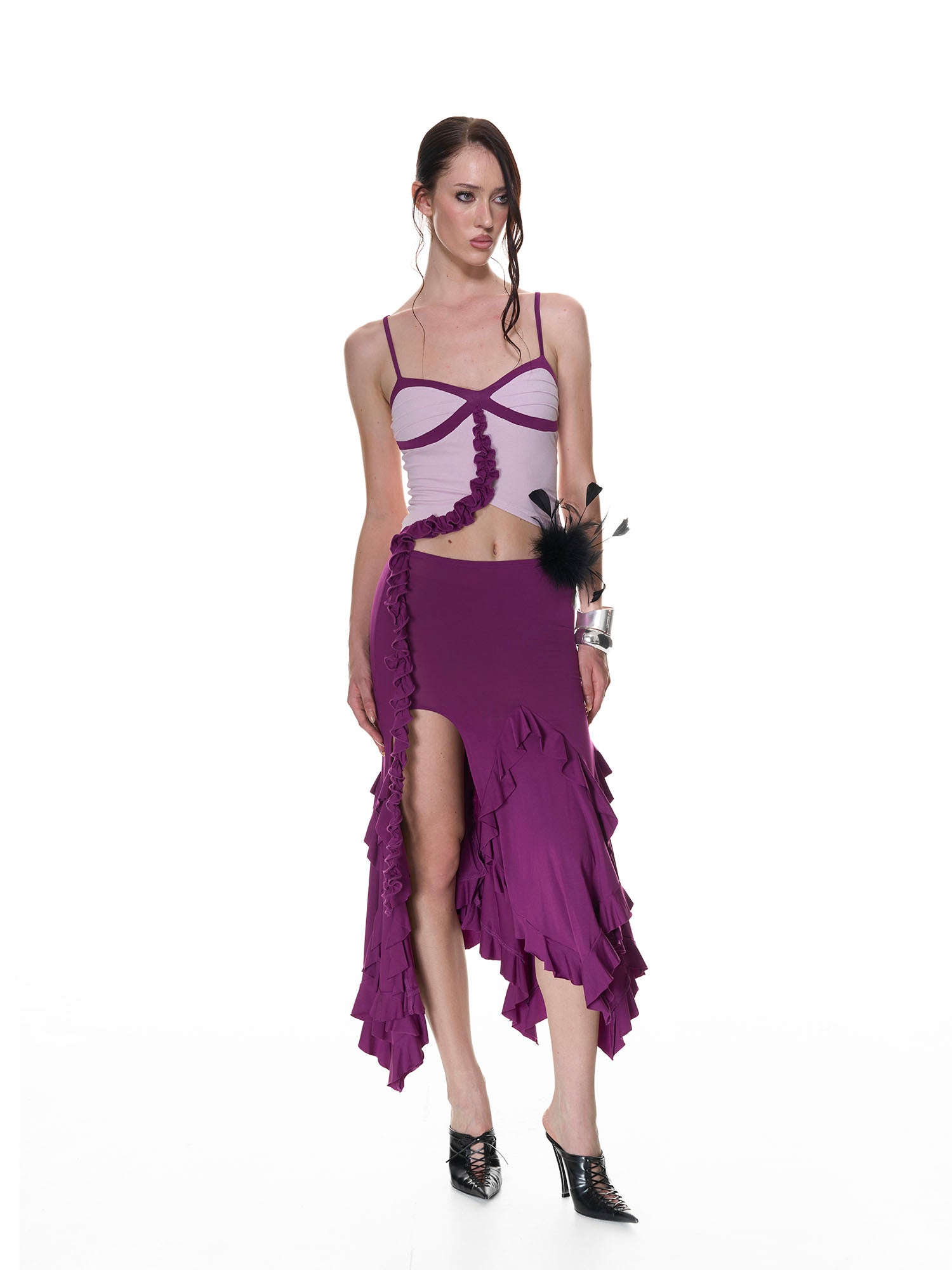 NEVER OFFEND L ANGEL Floral Ruffle Contrast Tank Top & Fishtail Skirt Set