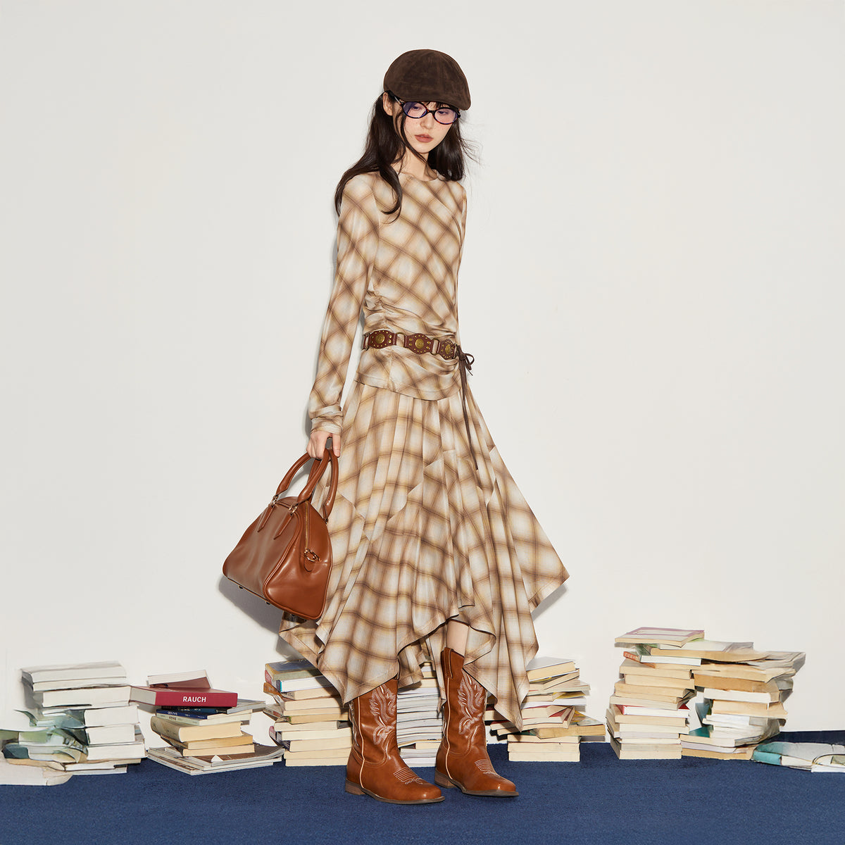 BOBBYBECKY Retro Plaid Cinched-Waist Long-Sleeve Top & Asymmetric Flared Skirt Set