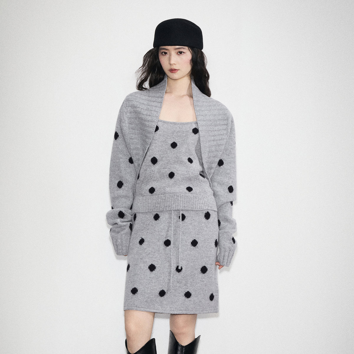BOBBYBECKY Polka-Dot Wool Cardigan & Tank Top & Skirt Set