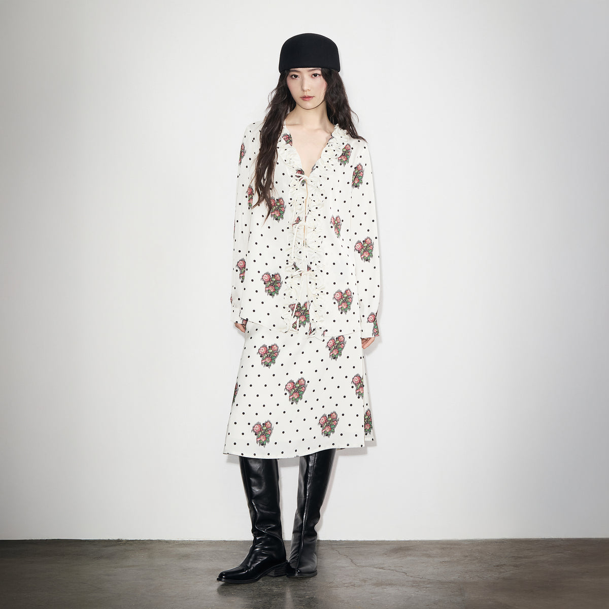 BOBBYBECKY Rose Polka-Dot Ruffle Shirt & A-Line Skirt