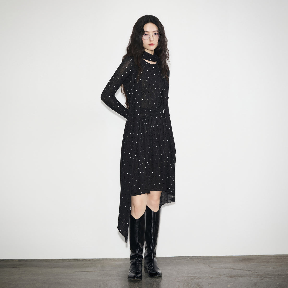 BOBBYBECKY Retro Asymmetric Polka Dot Cinched Waist Dress