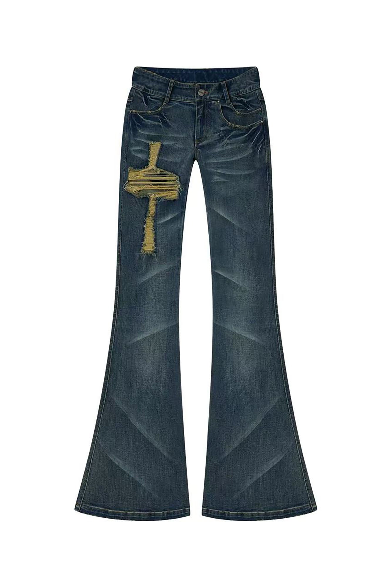 NONAME SPACE Cross Ripped Washed Flared Jeans