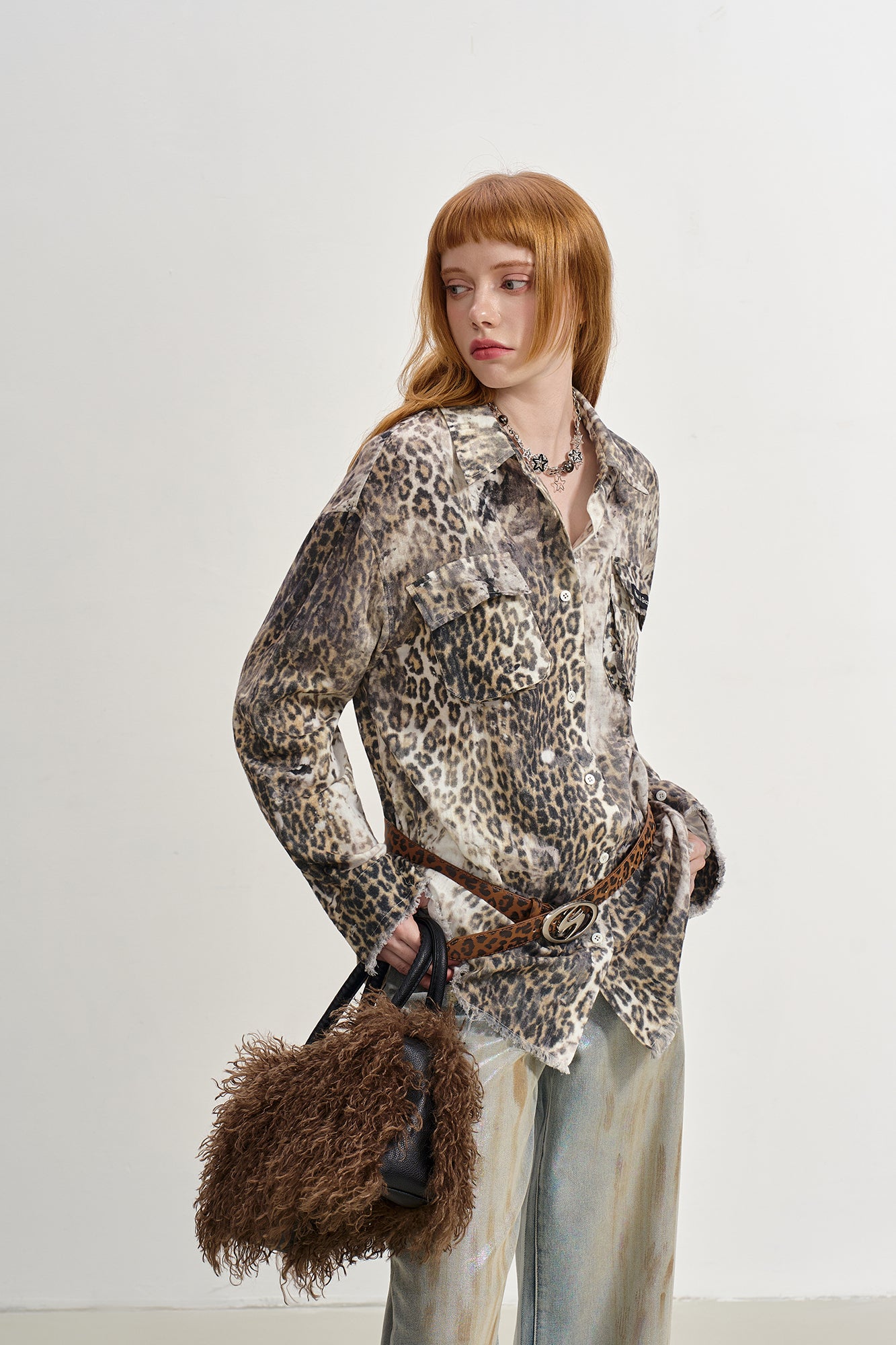 SOFITTE Distressed Leopard Raw Edge Shirt