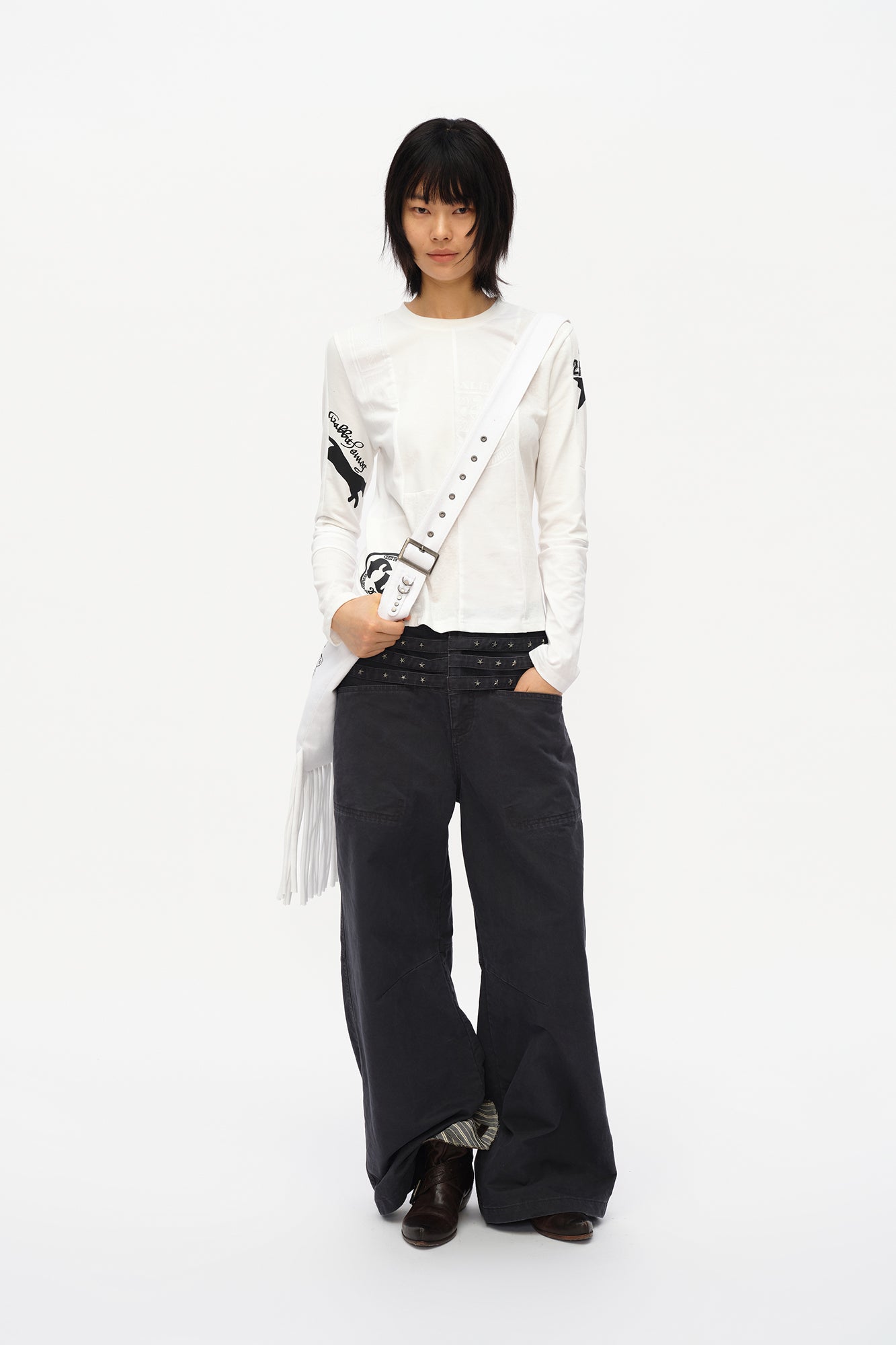 OINIMI Star-Studded Layered Waist Wide-Leg Pants
