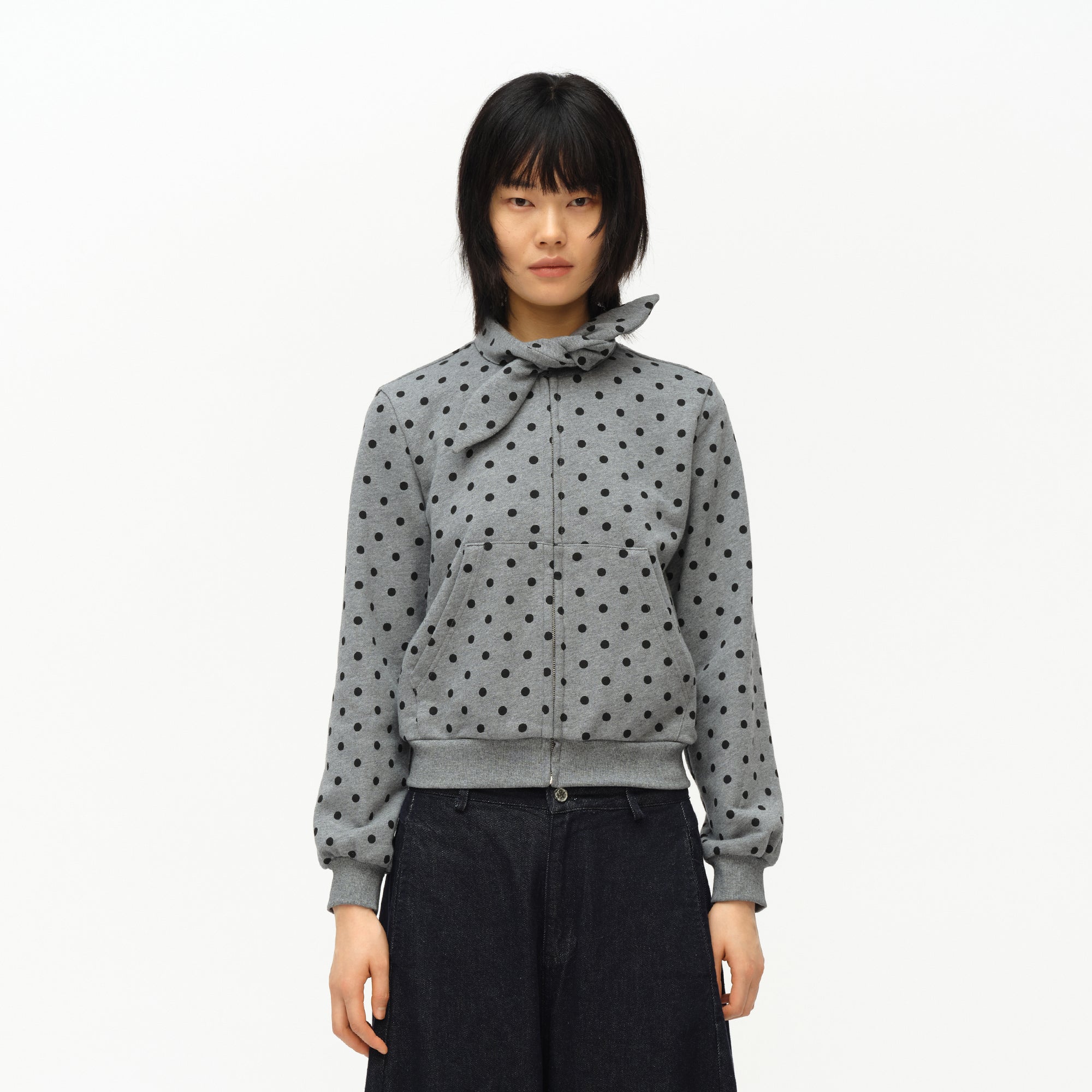 OINIMI Polka Dot Tie Neck Zip-Up Sweatshirt