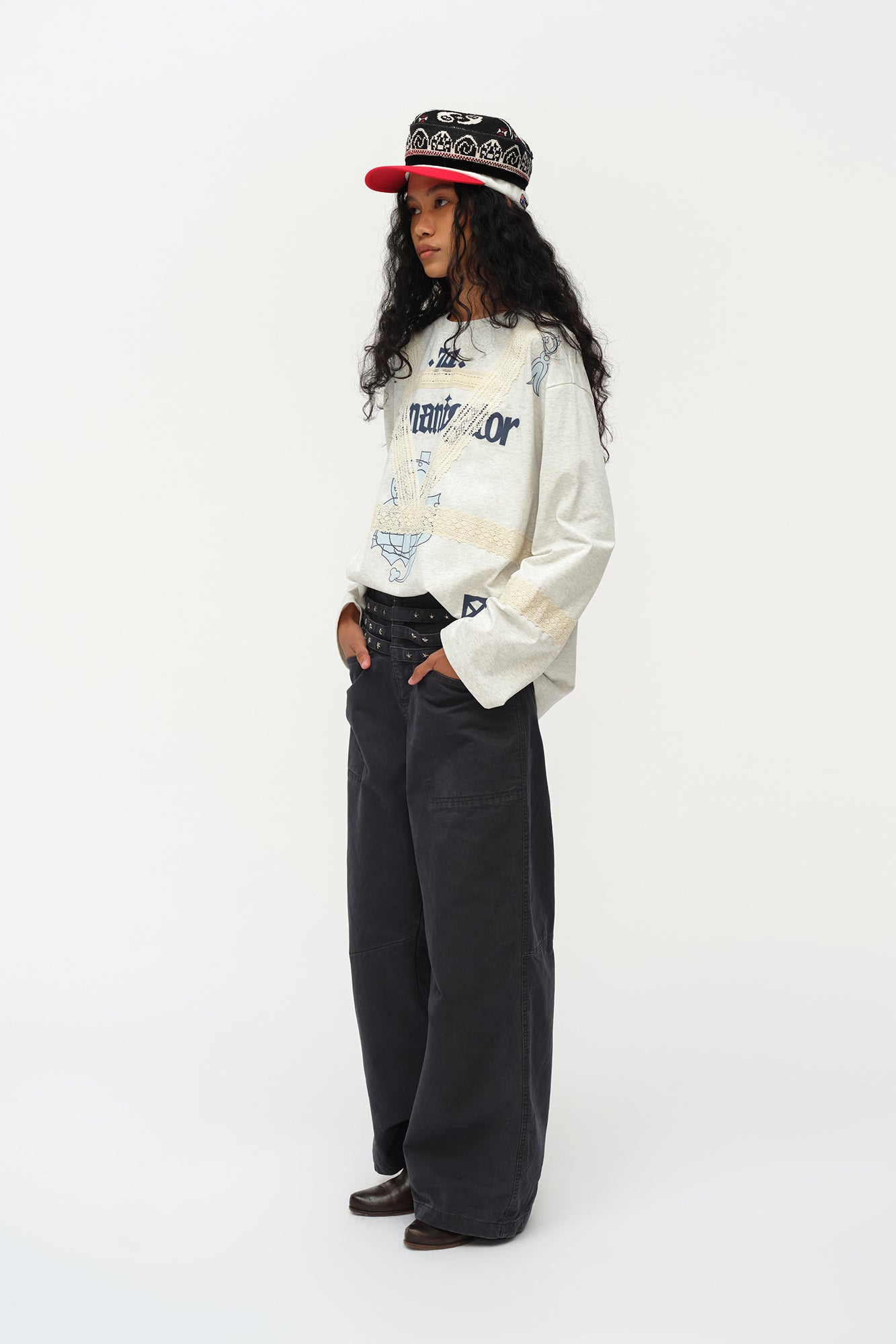 OINIMI Star-Studded Layered Waist Wide-Leg Pants