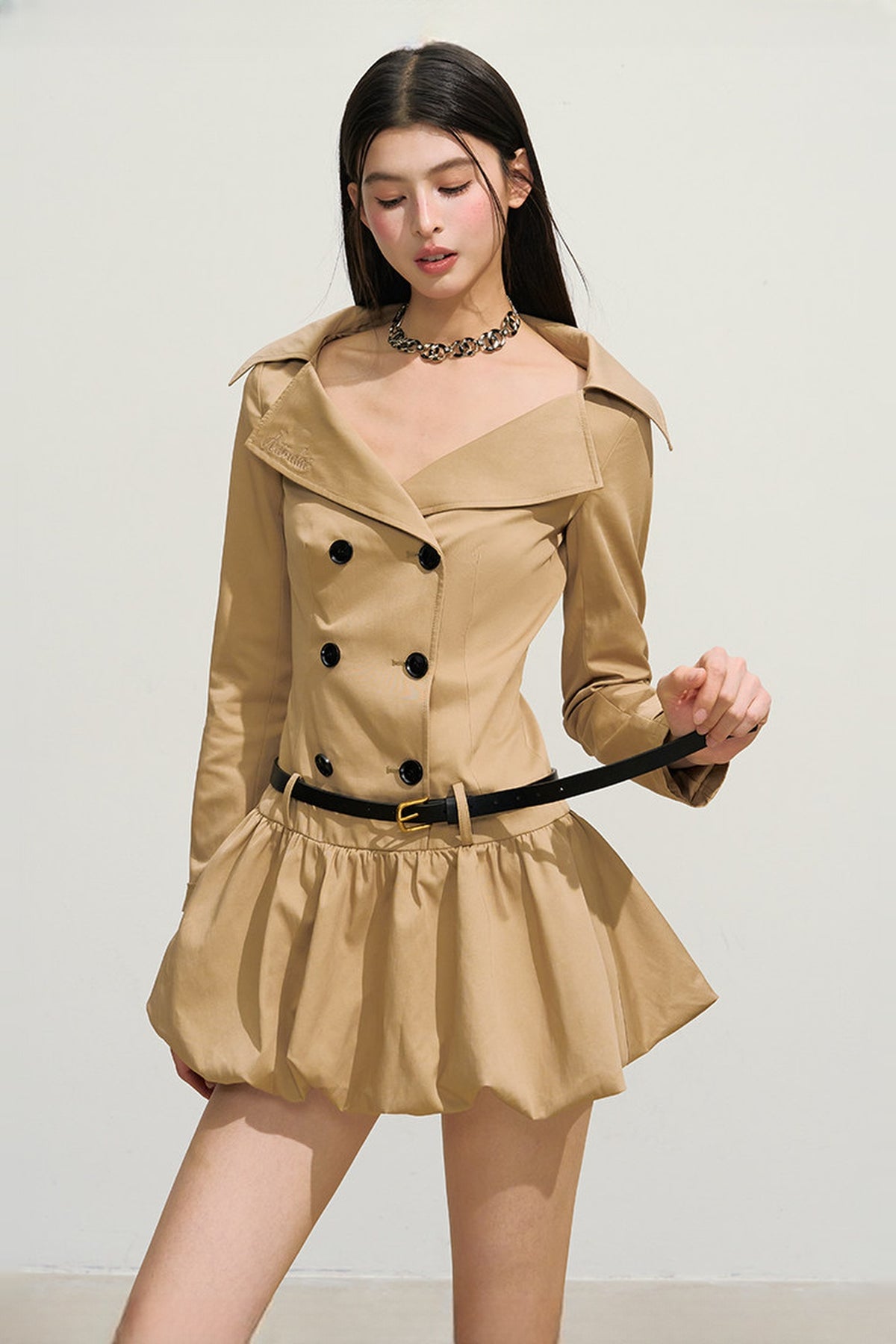 HIIMDAI Retro Double-Breasted Lapel Puff-Skirt Cinched Waist Dress — half body