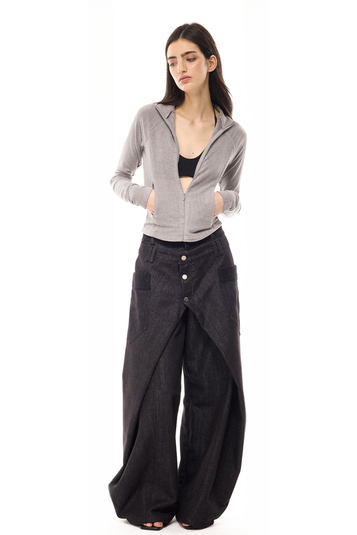 COSTUSTOOT Deconstructed Faux Two-Piece Curved Wide-Leg Black Jeans — full body