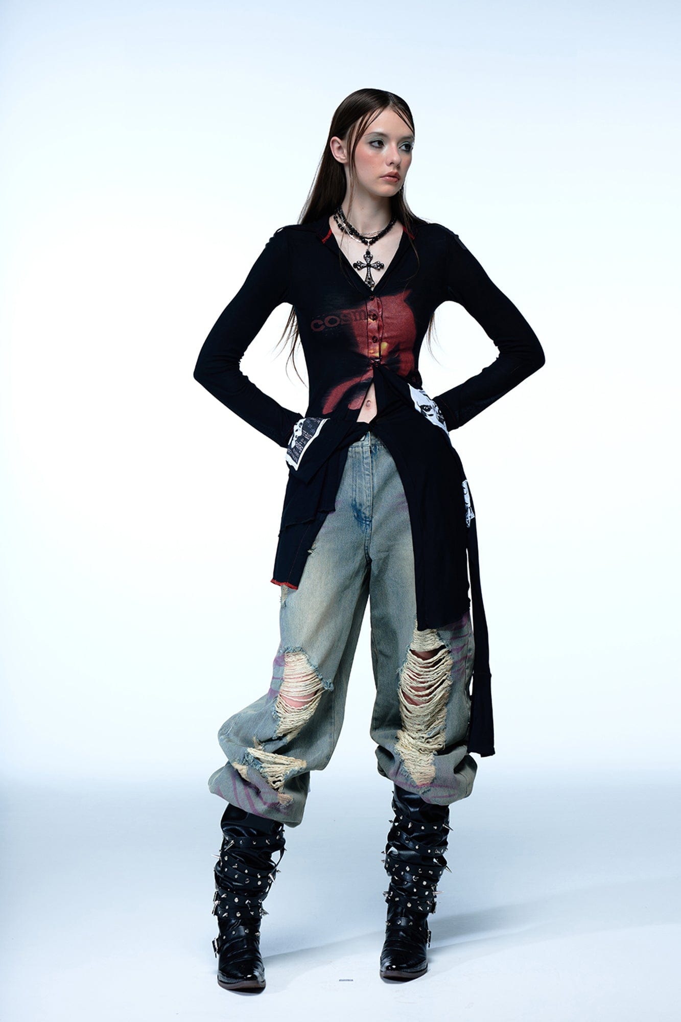 EMOHA Cosmo Lady Sheer Cinched Longline Shirt