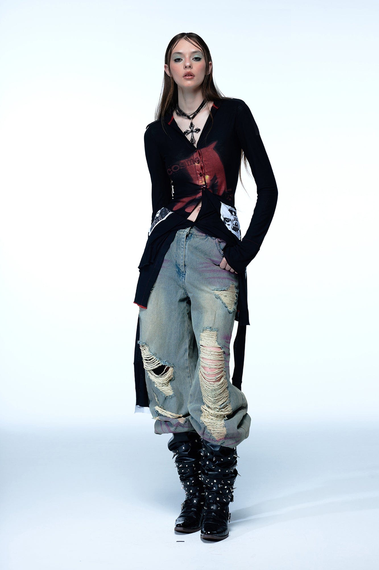 EMOHA Cosmo Lady Sheer Cinched Longline Shirt