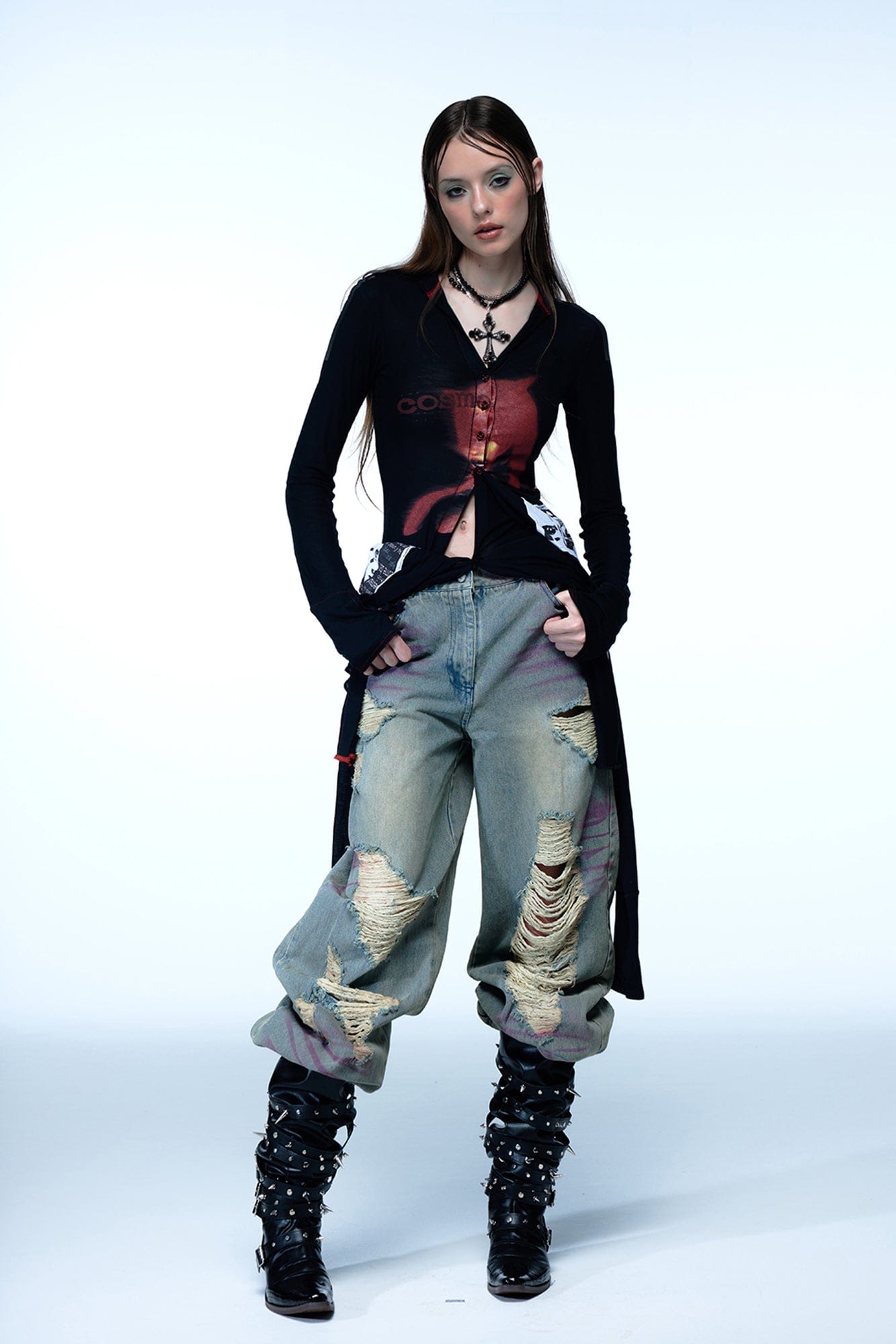 EMOHA Cosmo Lady Sheer Cinched Longline Shirt