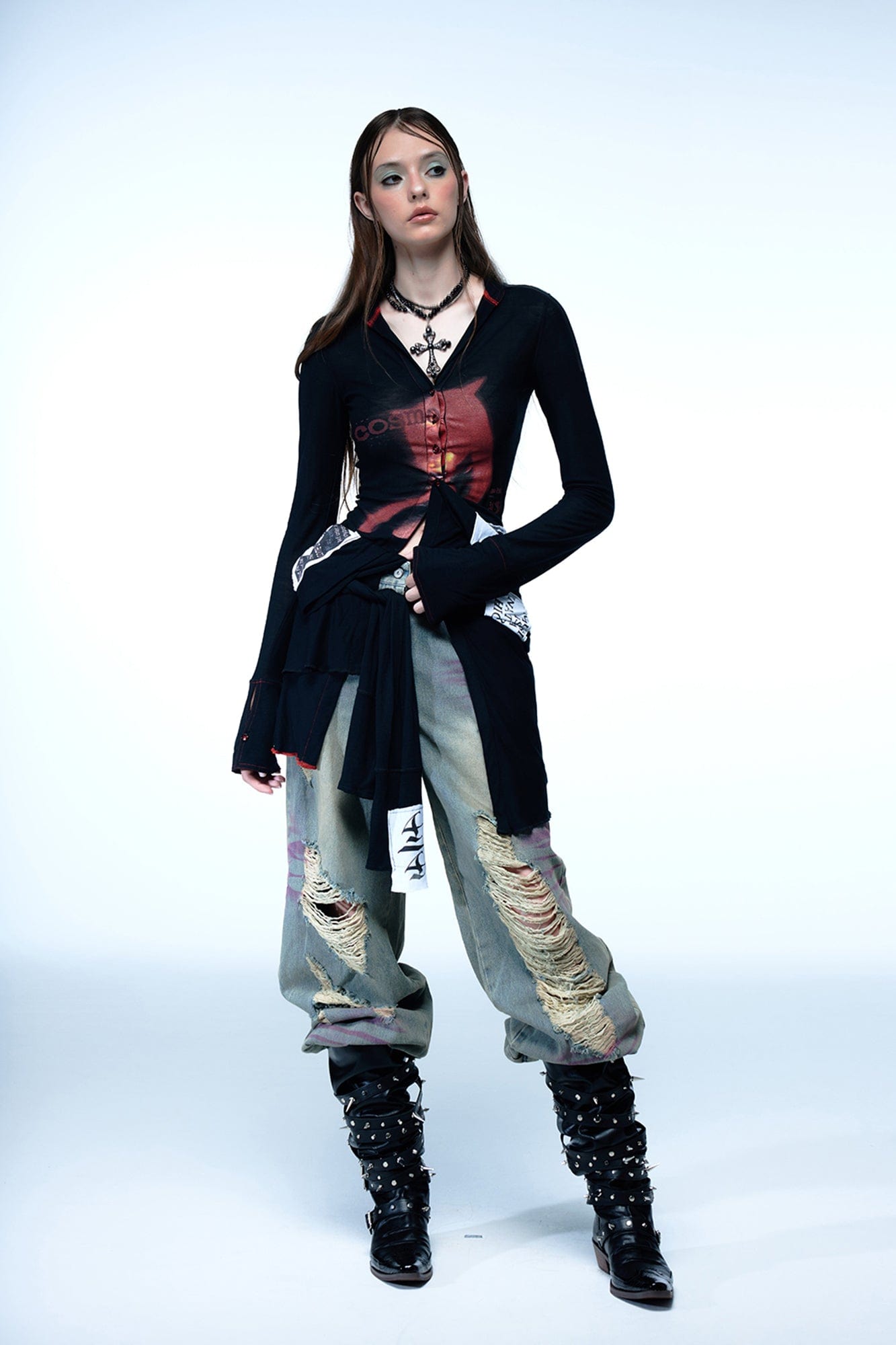 EMOHA Cosmo Lady Sheer Cinched Longline Shirt