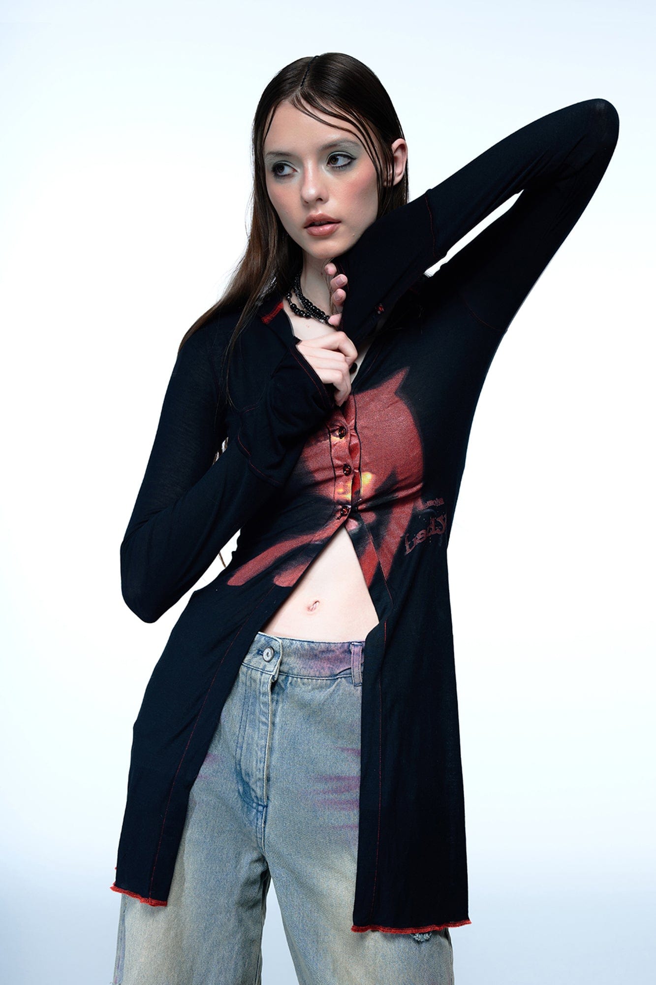 EMOHA Cosmo Lady Sheer Cinched Longline Shirt