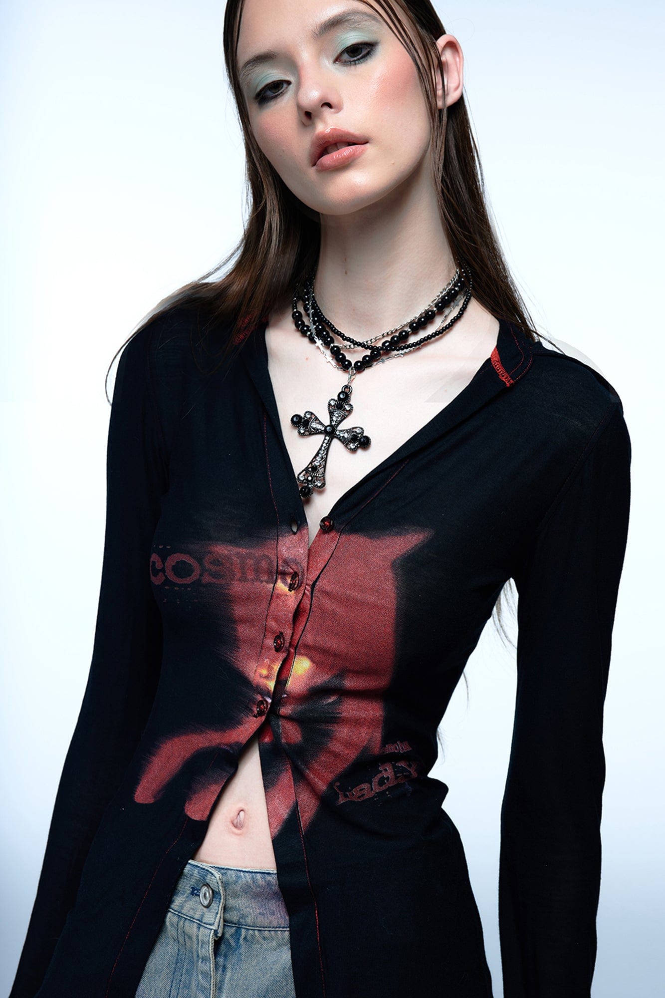 EMOHA Cosmo Lady Sheer Cinched Longline Shirt