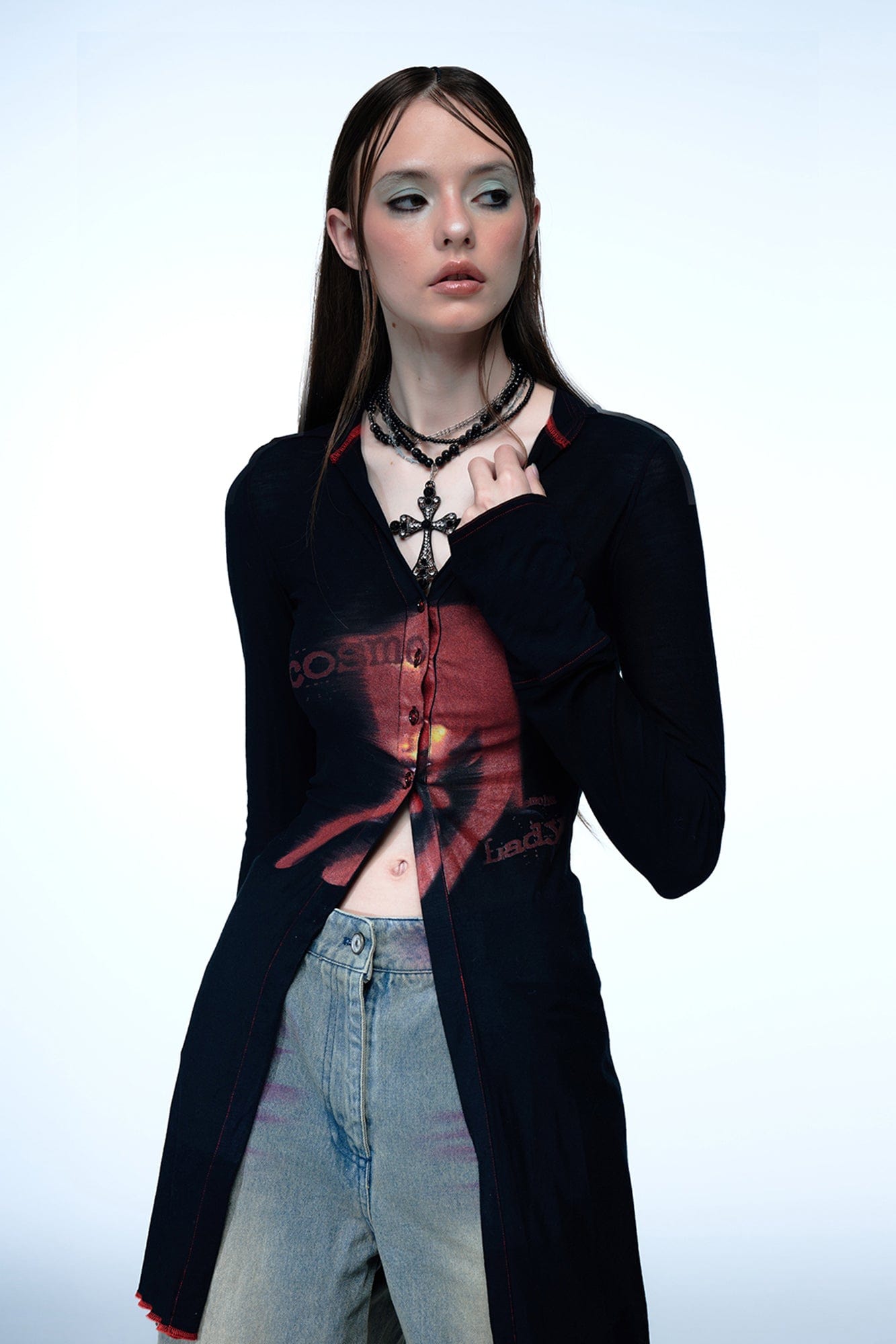 EMOHA Cosmo Lady Sheer Cinched Longline Shirt