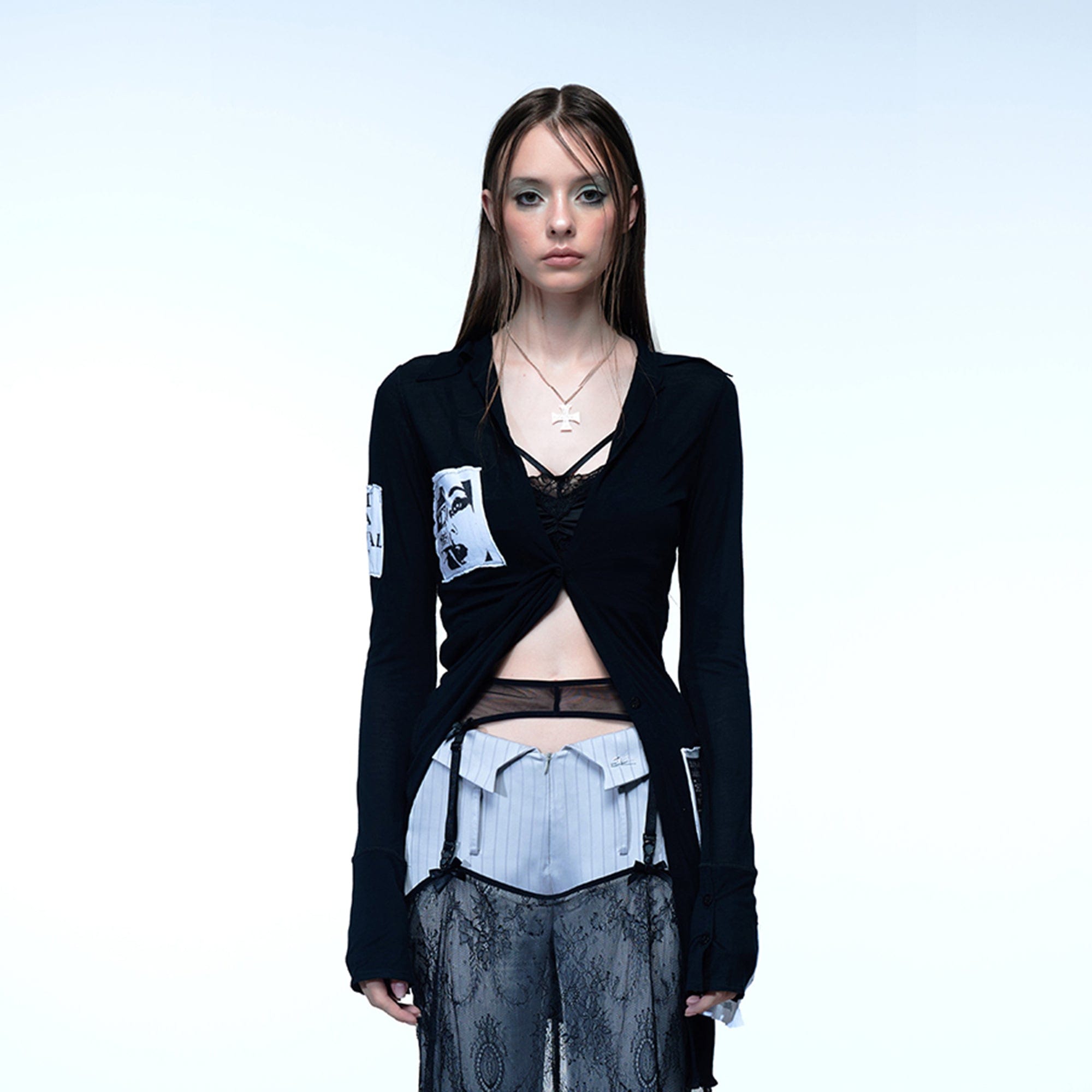 EMOHA Graphic Patch Sheer Cinched Longline Shirt