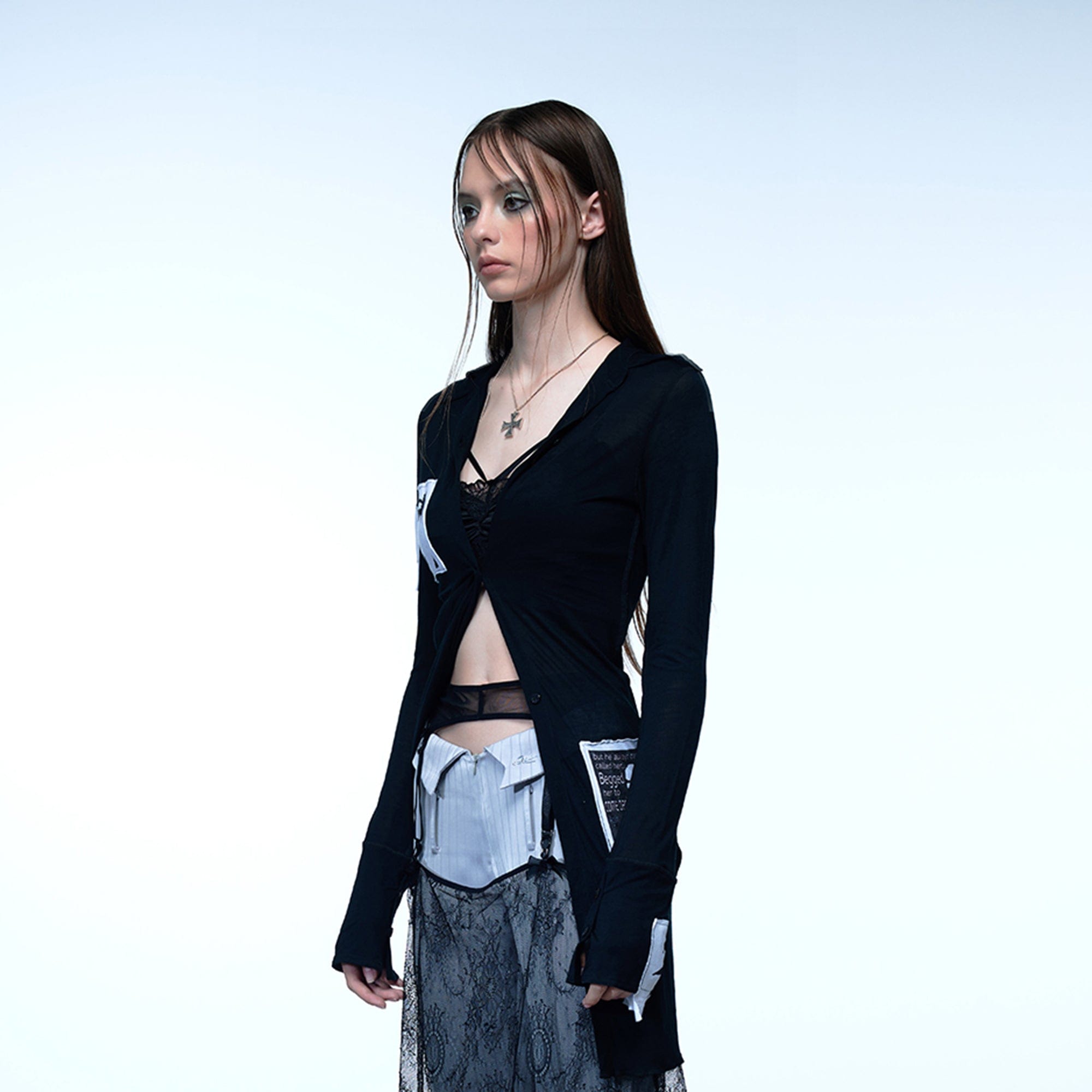 EMOHA Graphic Patch Sheer Cinched Longline Shirt