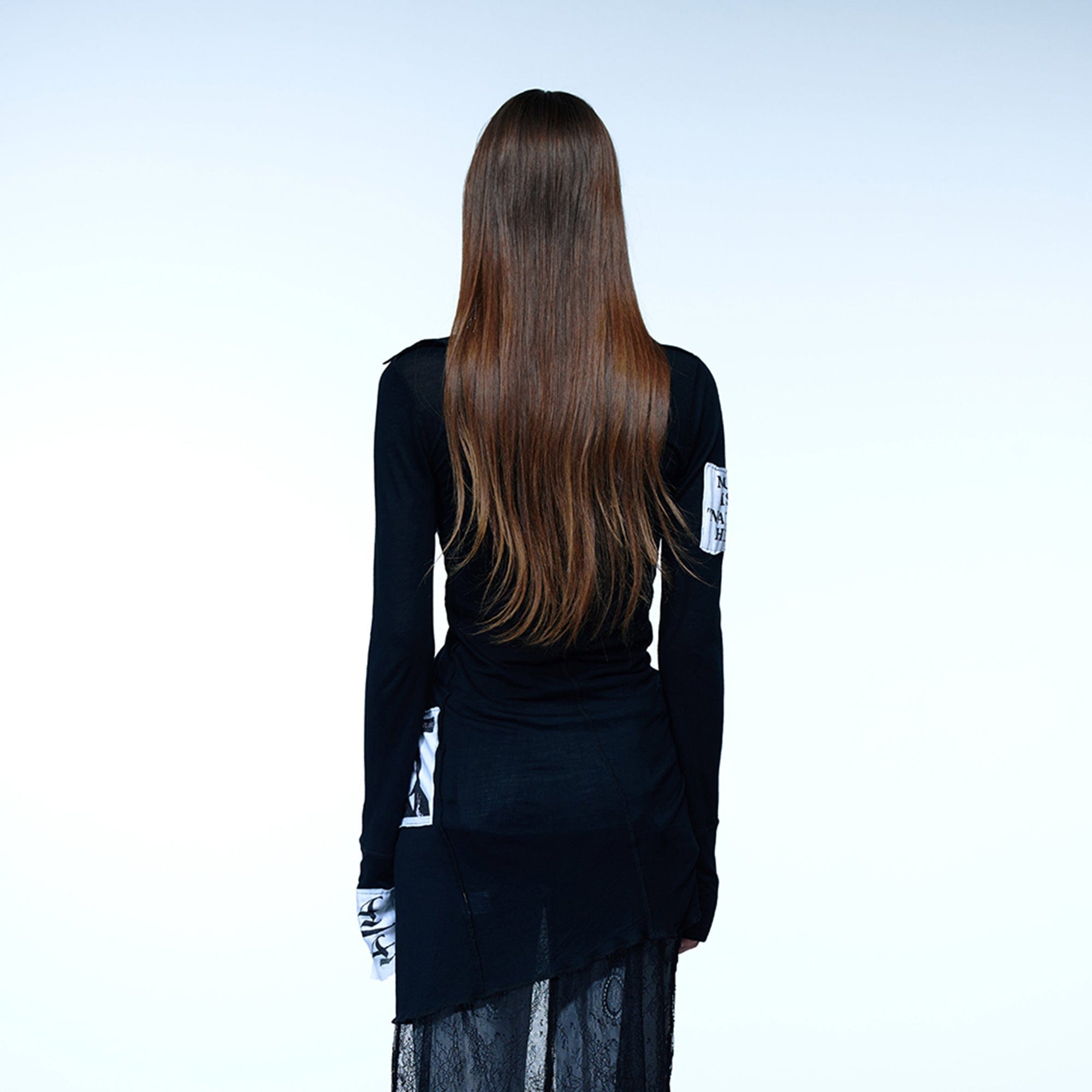 EMOHA Graphic Patch Sheer Cinched Longline Shirt