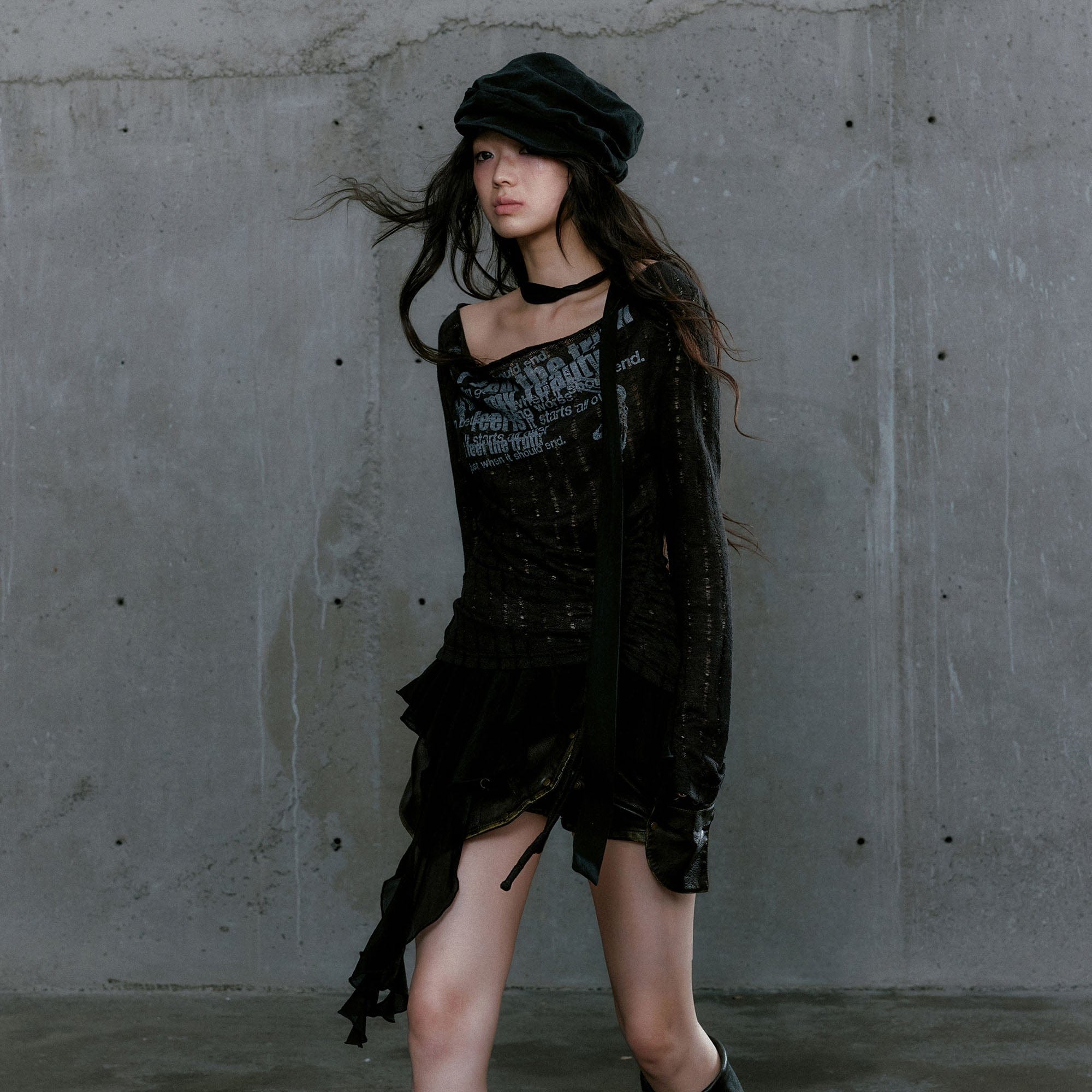 CESTNOUS Distressed Graphic Mesh-Hem Top